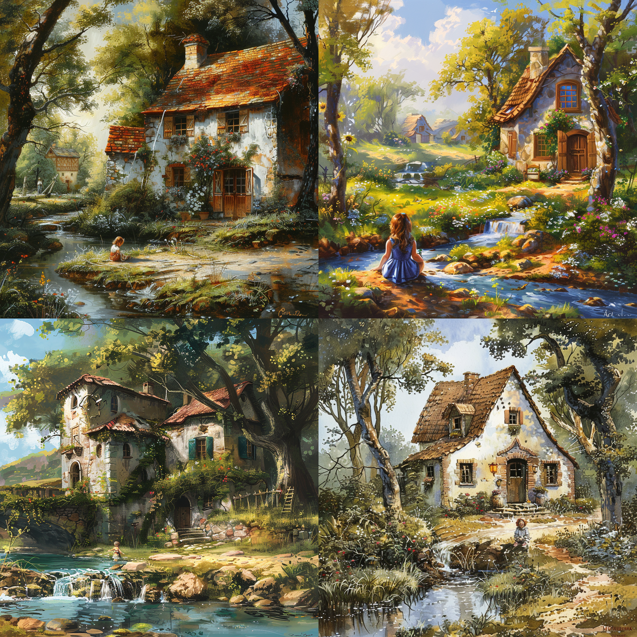 乡下老屋。门前弯弯的河。有大树。一个村庄、一个小女孩坐在门前。