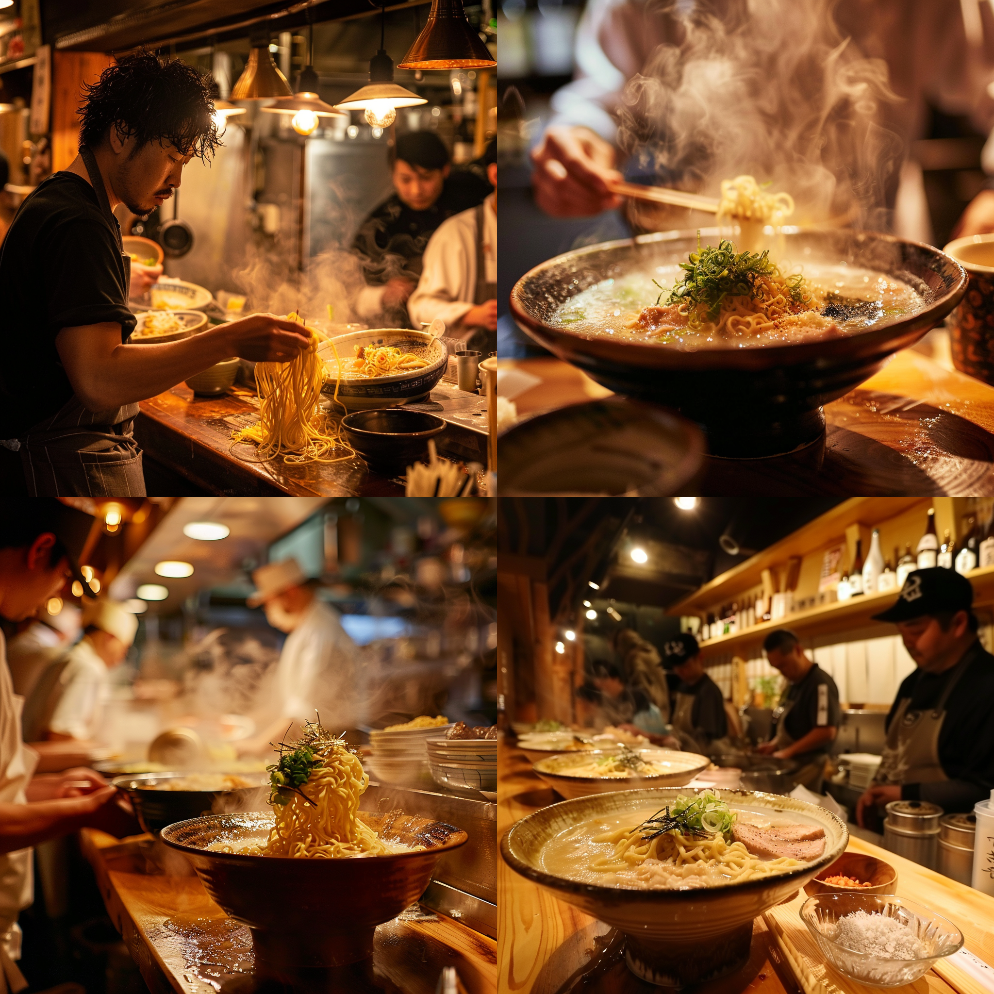 日本拉面，浓郁汤底，木质吧台，传统风格，厨师专注，顾客满足，特写镜头，暖光照明，细节丰富，面条q弹，热气腾腾，温馨氛围。