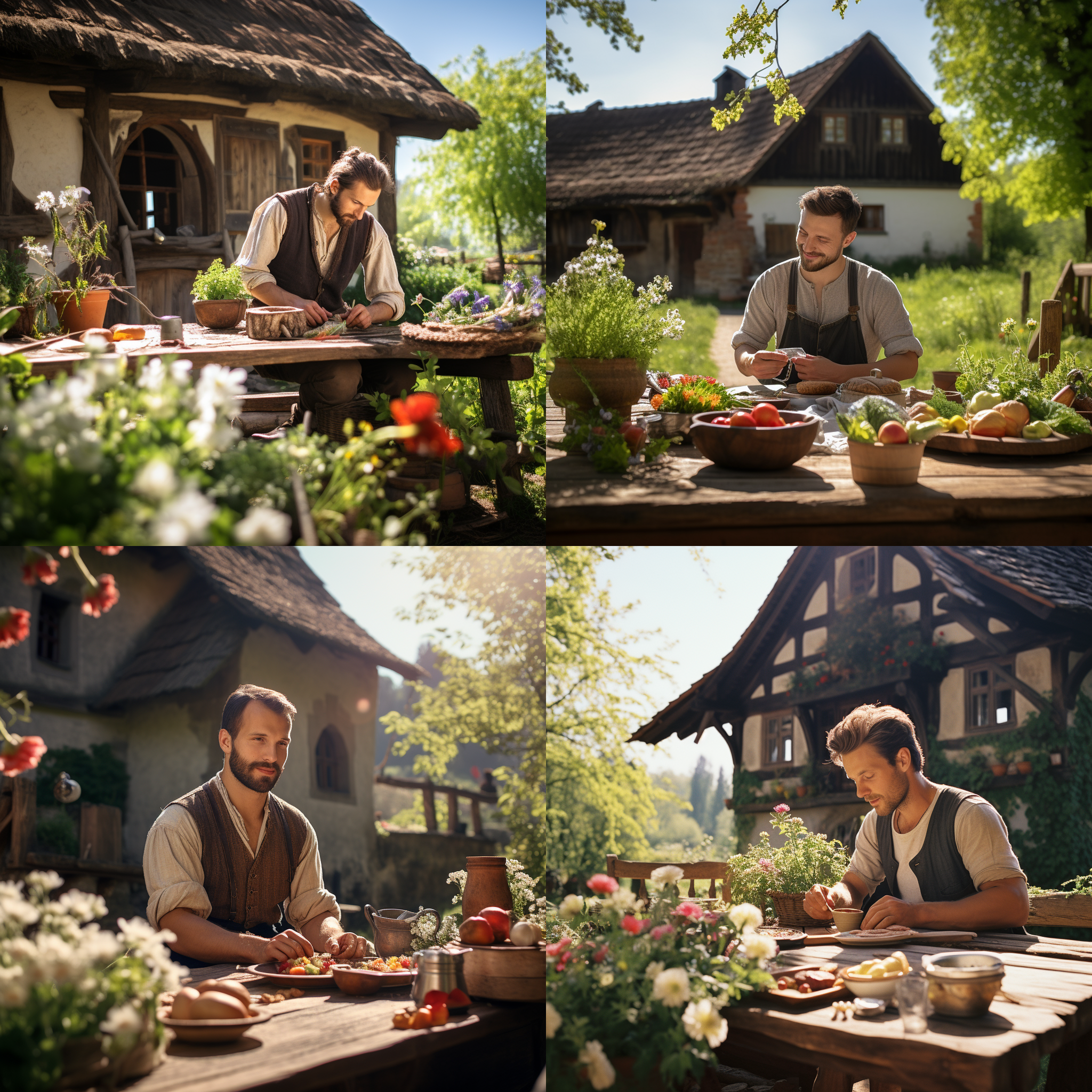 农舍庭院前的桌子，木质结构，春天田园风光，桌子上摆放着农家食物，周围绿意盎然，花朵盛开，农民微笑着坐在桌旁，穿着传统农装，表情满足，自然光，广角镜头，温暖色调，宁静氛围，生机勃勃。