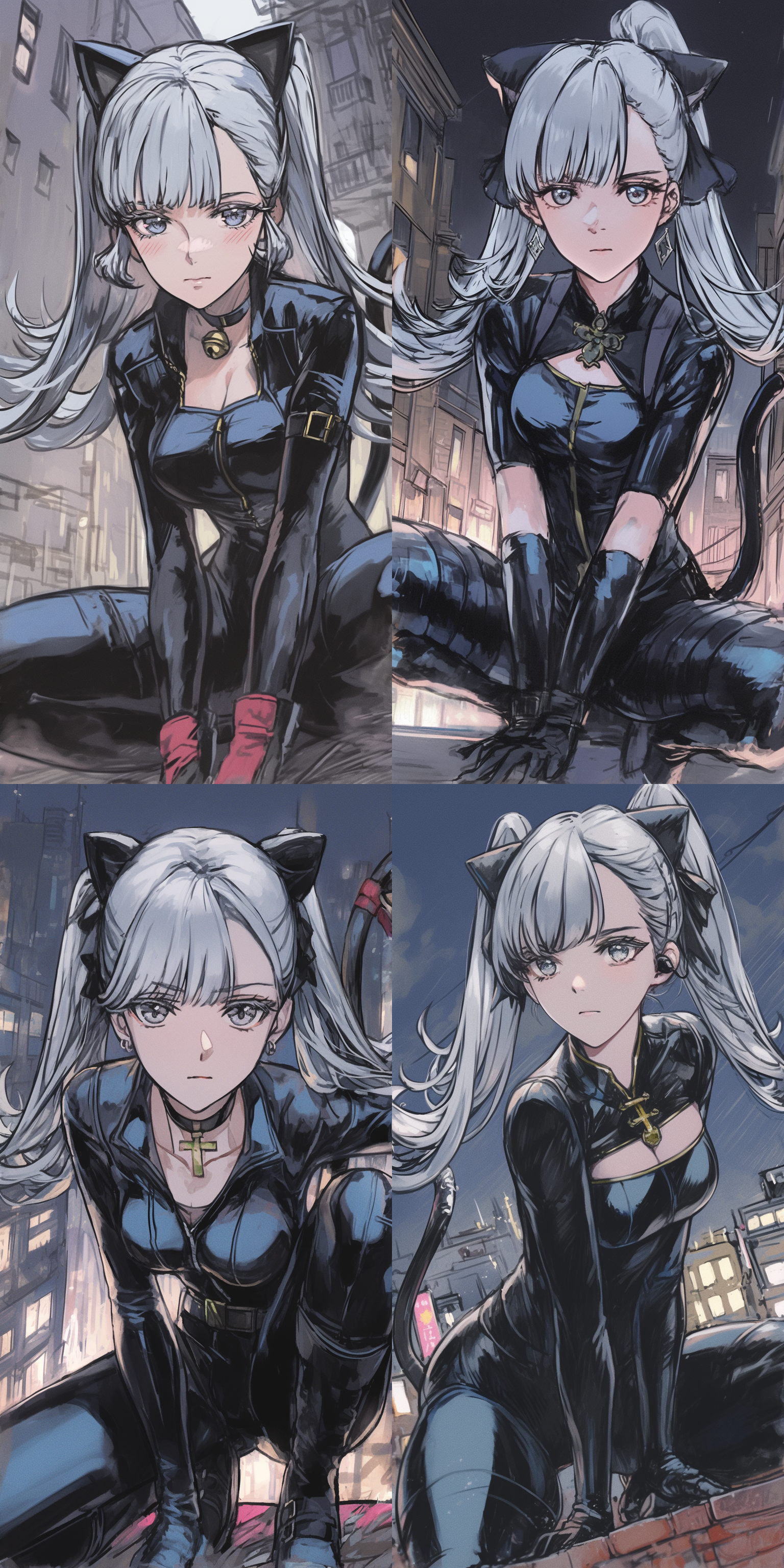 特工潜行，夜幕下，黑色紧身衣，面罩，锐利眼神，城市屋顶，低角度，长焦镜头，暗色调，背光，静态，紧张氛围。