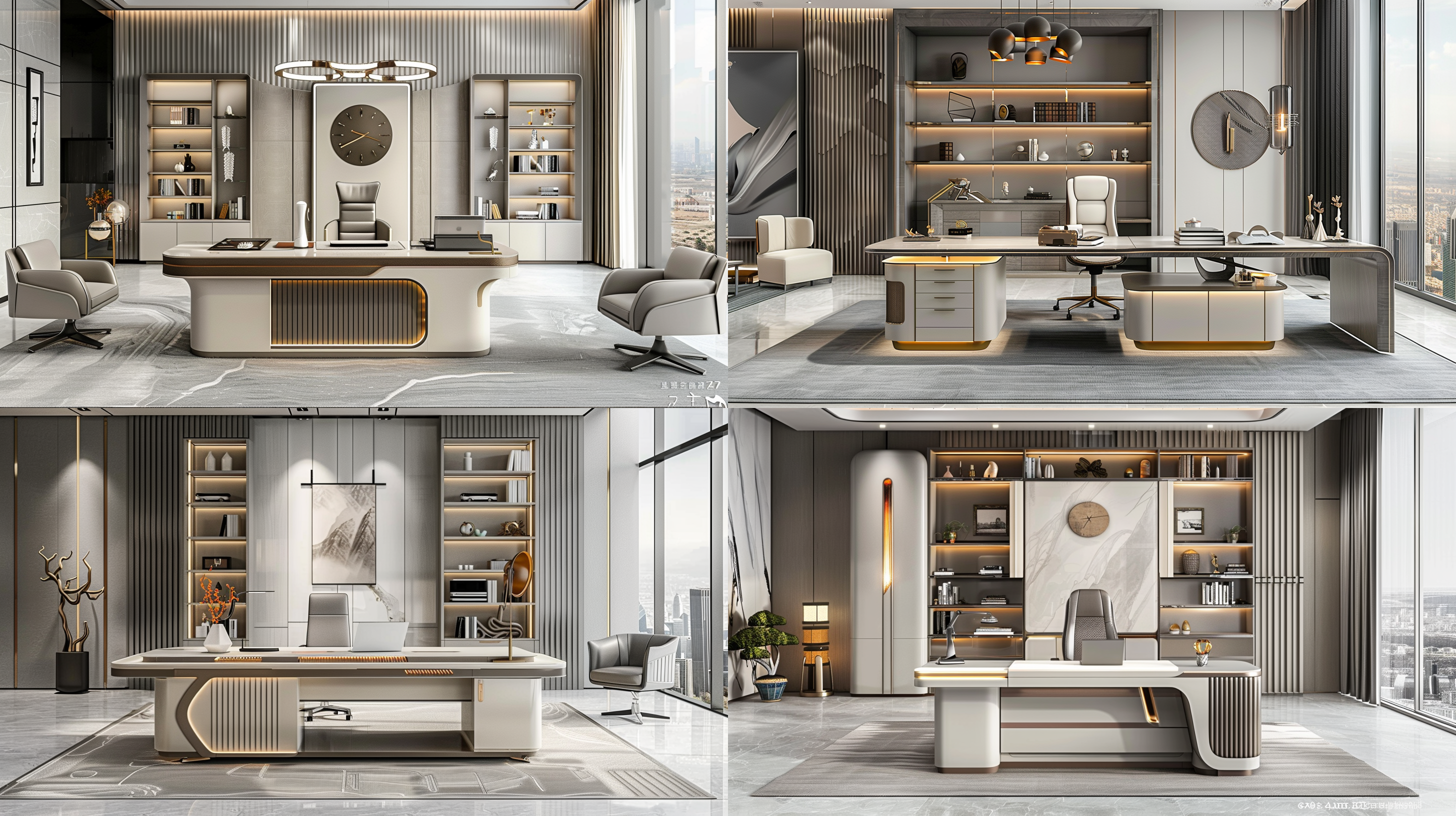 左侧墙增加，家具显全部，办公环境，班台书柜，意式极简轻奢风格，淡咖色套咖色浅胡桃木纹，现代简约，高分辨率，室内环境，左侧视图，右侧落地窗，阳光照进，左侧墙上有光照斜线，清晰细节，专业感，商务氛围，时尚吊灯，墙面白色，高端，时尚，50定焦镜头，自然光，柔和阴影，简洁线条，优雅氛围，专业摄影，商务时尚。