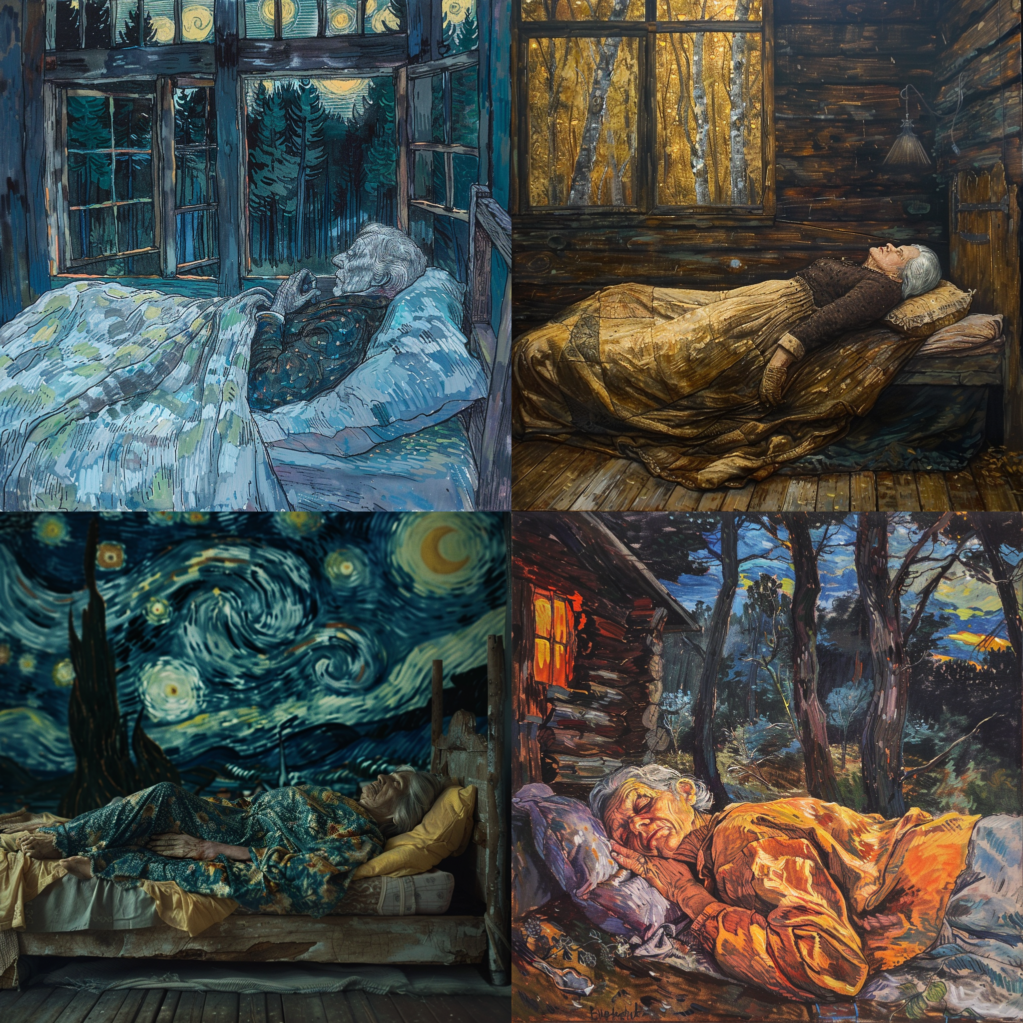 一个绝望的老女人，躺在床上，思考人生。木头小屋。在森林中，傍晚时分。凡高画风
