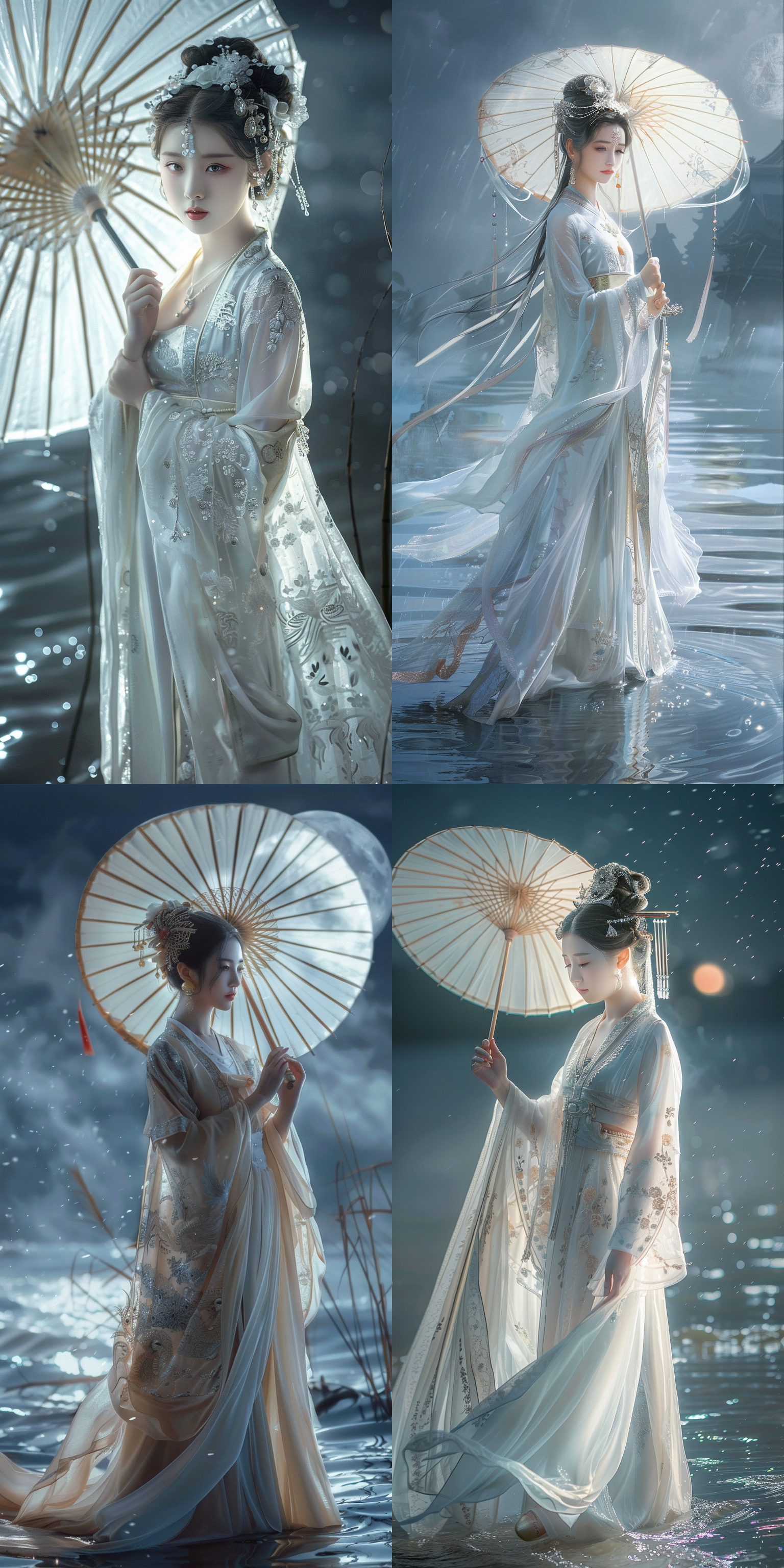 一个中国古代少女，绝美容貌，精致脸型，白皙肤色，发鬓，白色精致古装仙裙，中国风，全景透视，仙侠世界，柔光，正视图，清冷，月光，站在水面，撑着伞