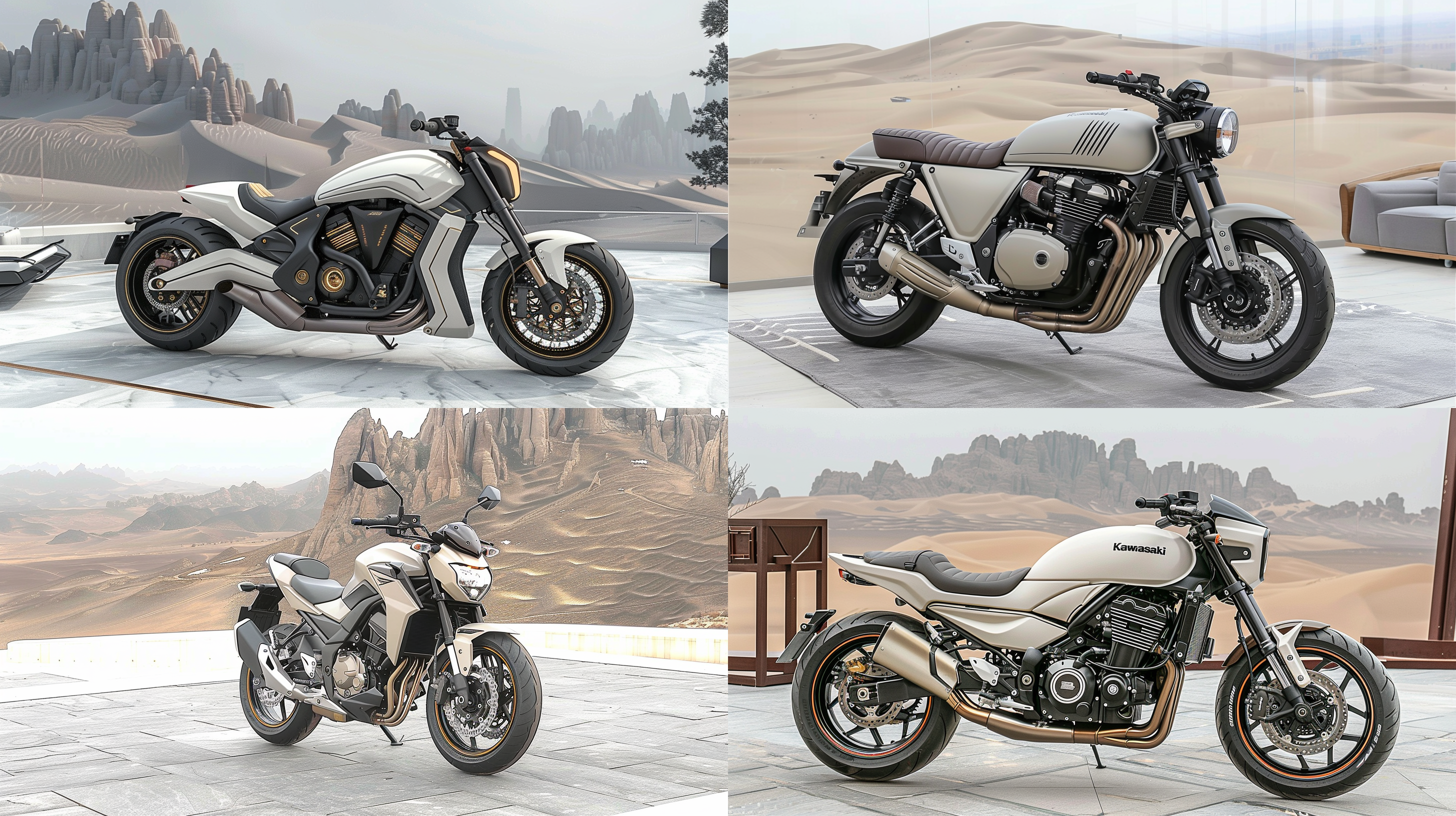 沙滩戈壁，鹅卵石，改装摩托车，川崎z400，黑色绿色，大灯改装，细节丰富，真实感，越野风格，广角镜头，自然光，动态模糊，荒野，金属质感，冒险精神，荒凉沙漠背景，居中构图，c4d风格，oc渲染，暖光色调，沙丘起伏，低角度拍摄，广角镜头，黄昏时分，孤独感，细节丰富，饱和度高，对比度大，真实细致。