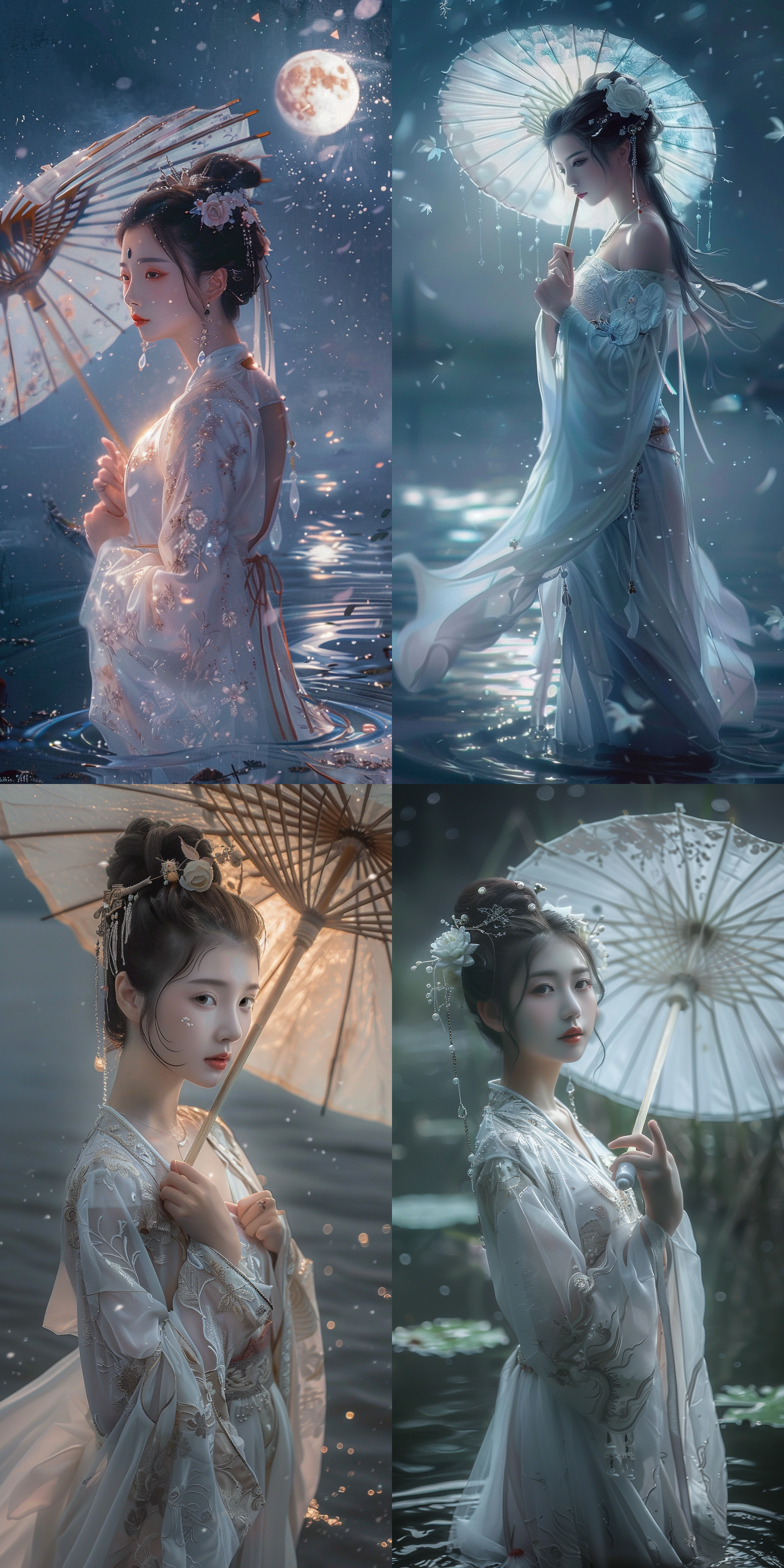 一个中国古代少女，绝美容貌，精致脸型，白皙肤色，发鬓，白色精致古装仙裙，中国风，全景透视，仙侠世界，柔光，正视图，清冷，月光，站在水面，撑着伞