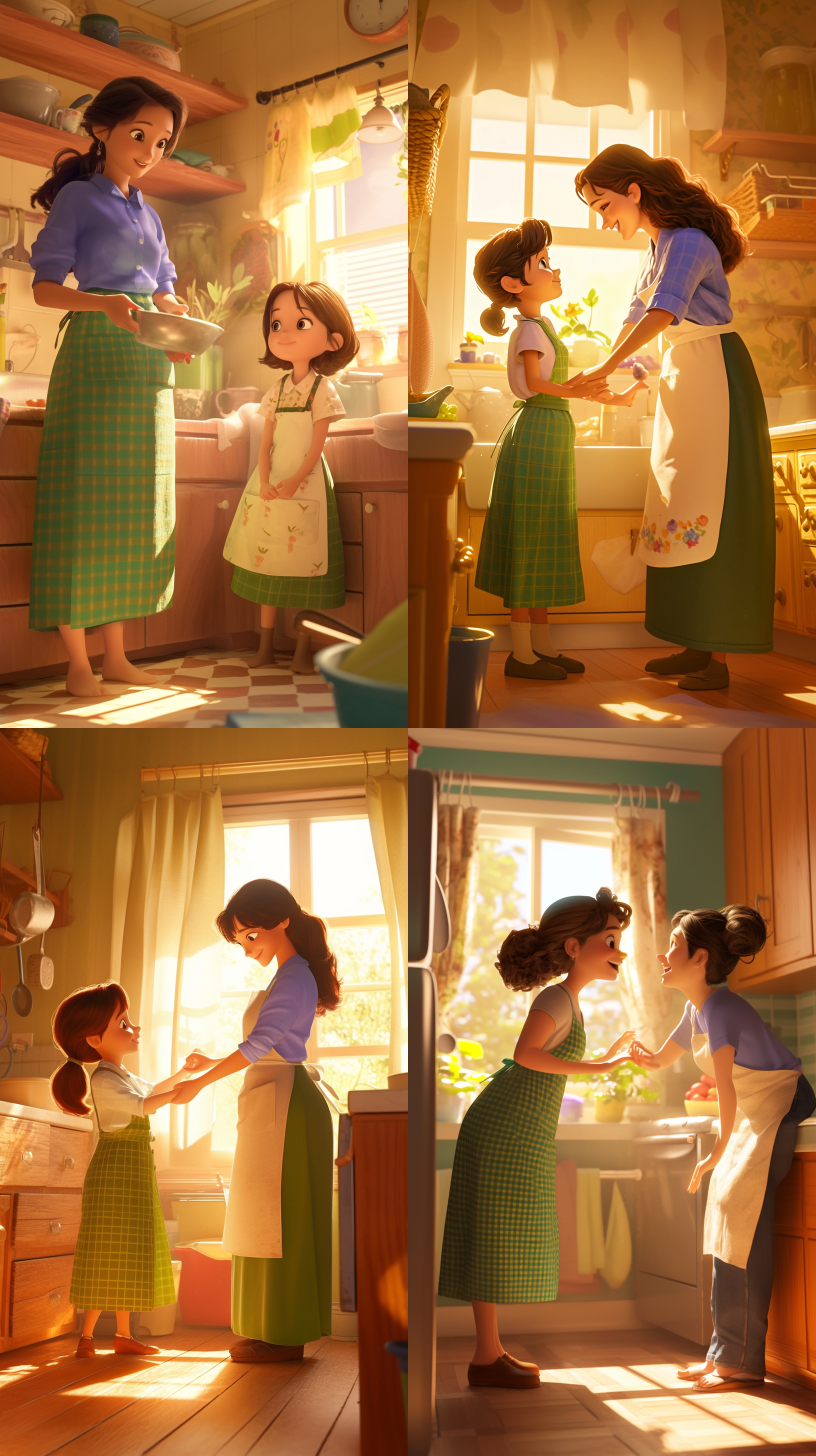 绿色格子裙女孩低头玩玩具，蓝色t恤白色围裙妈妈微笑旁观，房间背景，皮克斯动画风格，超真实渲染，高角度拍摄，明亮色彩，迪士尼3d卡通风格，阳光直射，广角镜头，动态捕捉，鲜艳色彩，和谐自然。