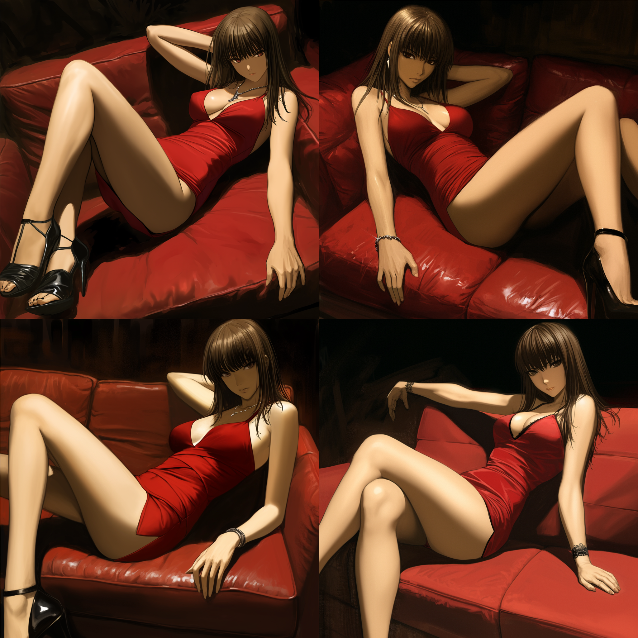 七色玫瑰花女神，动漫风格，身材火辣，胯下与大腿线条流畅，胭脂红玫瑰花衣服，花的海洋，细节丰富，胯下凹陷，高饱和色彩，柔和光影，广角镜头，梦幻场景，优雅姿态，神秘表情，色彩鲜艳，光影柔和，广角视角，梦幻氛围，优雅动作，神秘情感。