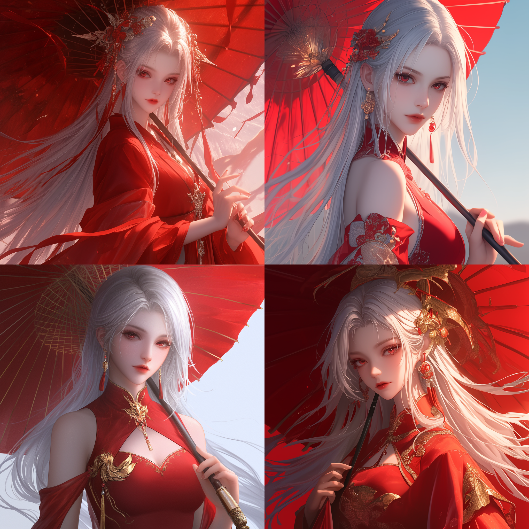 银发红眼美少女，手持红色油纸伞，红色古装，长发随风飞扬，俊美脸庞，自然光，极其丰富的细节，高清画质，3d模式，渲染性，推特的个性，不屑一顾的表情，细节丰富，高清画质，3d渲染，自然光，红色古装，红色油纸伞，银发，红眼，俊美脸庞，长发飞扬，不屑表情，个性鲜明。
