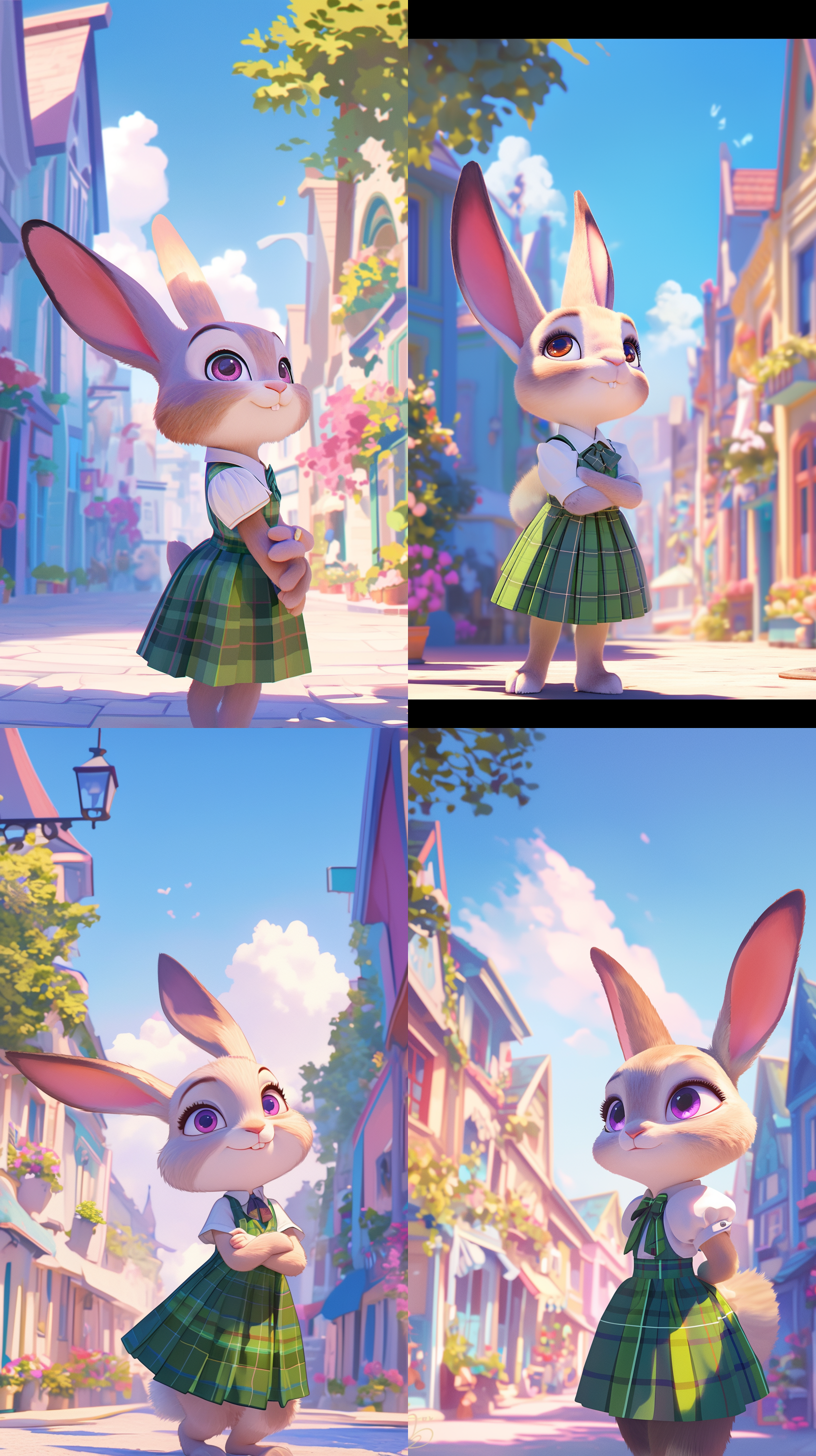 穿着绿色格子裙的小兔子在小镇的街道上，好奇地四处张望，背景是五彩斑斓的小镇建筑。近景。皮克斯动画风格，超真实渲染，高角度拍摄，明亮色彩，迪士尼3d卡通风格，阳光直射，广角镜头，动态捕捉，鲜艳色彩，和谐自然。