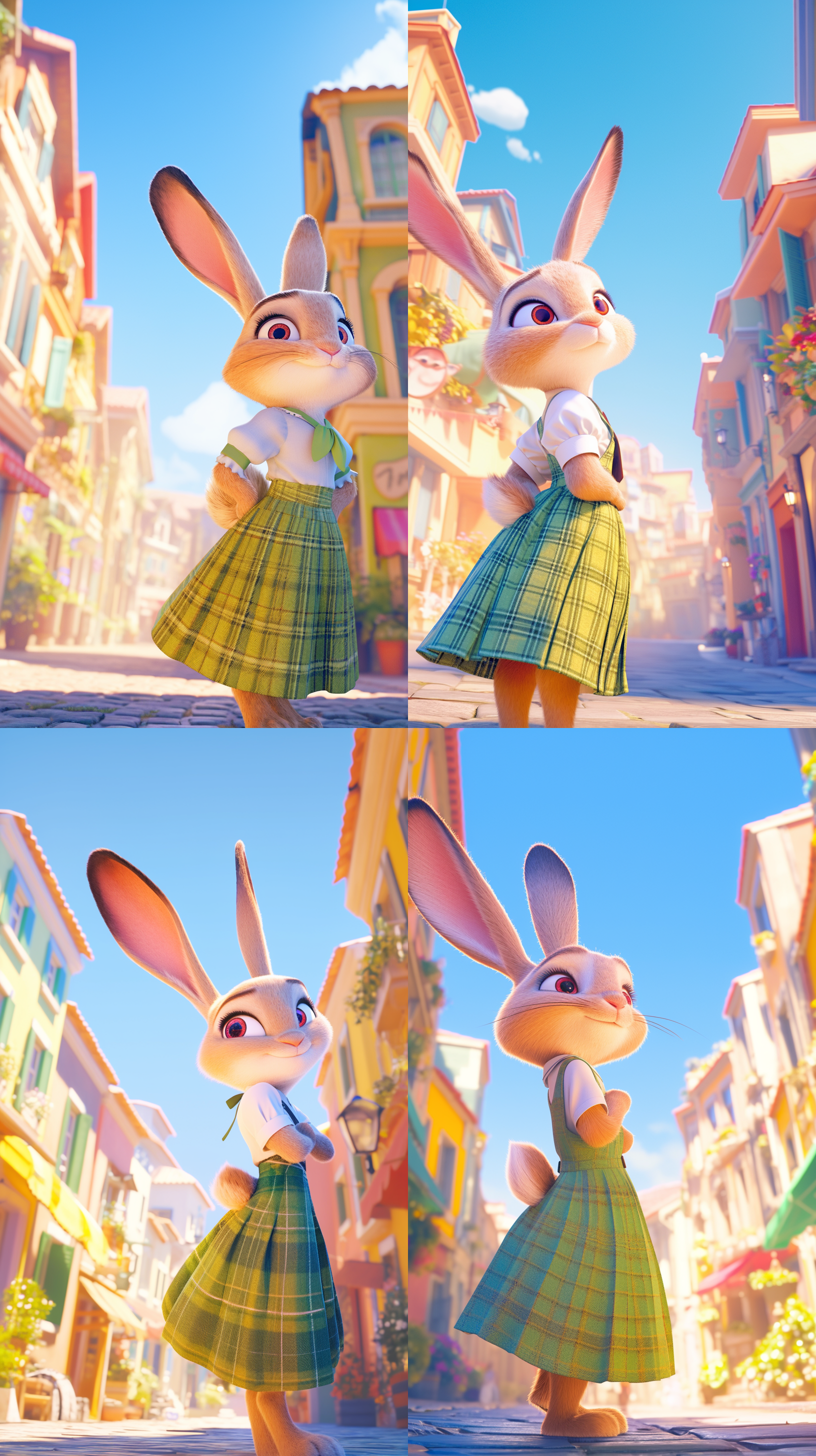 穿着绿色格子裙的小兔子在小镇的街道上，好奇地四处张望，背景是五彩斑斓的小镇建筑。近景。皮克斯动画风格，超真实渲染，高角度拍摄，明亮色彩，迪士尼3d卡通风格，阳光直射，广角镜头，动态捕捉，鲜艳色彩，和谐自然。