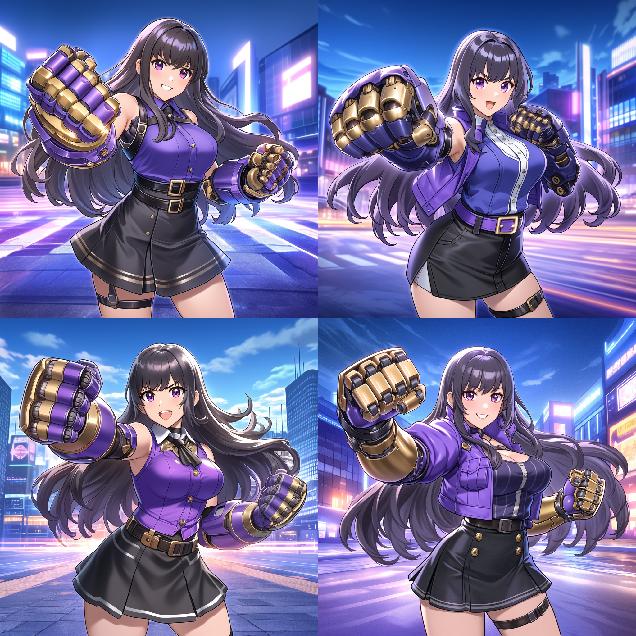 机甲少女，曲线优美，身材火辣，机械外骨骼，赛博朋克风格，高科技背景，机械骨骼，大腿线条流畅，机械躯体，无袖，动态姿势，金属质感，霓虹灯效，未来城市，广角镜头，高光阴影，冷色调，科技感，力量感。