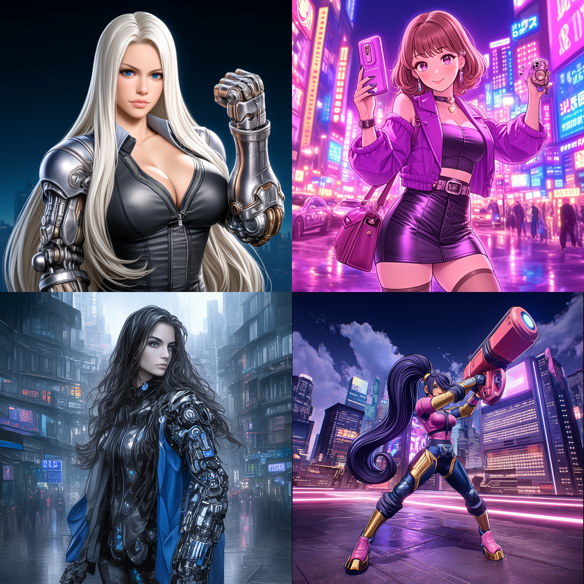 机甲少女，曲线优美，身材火辣，机械外骨骼，赛博朋克风格，高科技背景，机械骨骼，大腿线条流畅，机械躯体，无袖，动态姿势，金属质感，霓虹灯效，未来城市，广角镜头，高光阴影，冷色调，科技感，力量感。