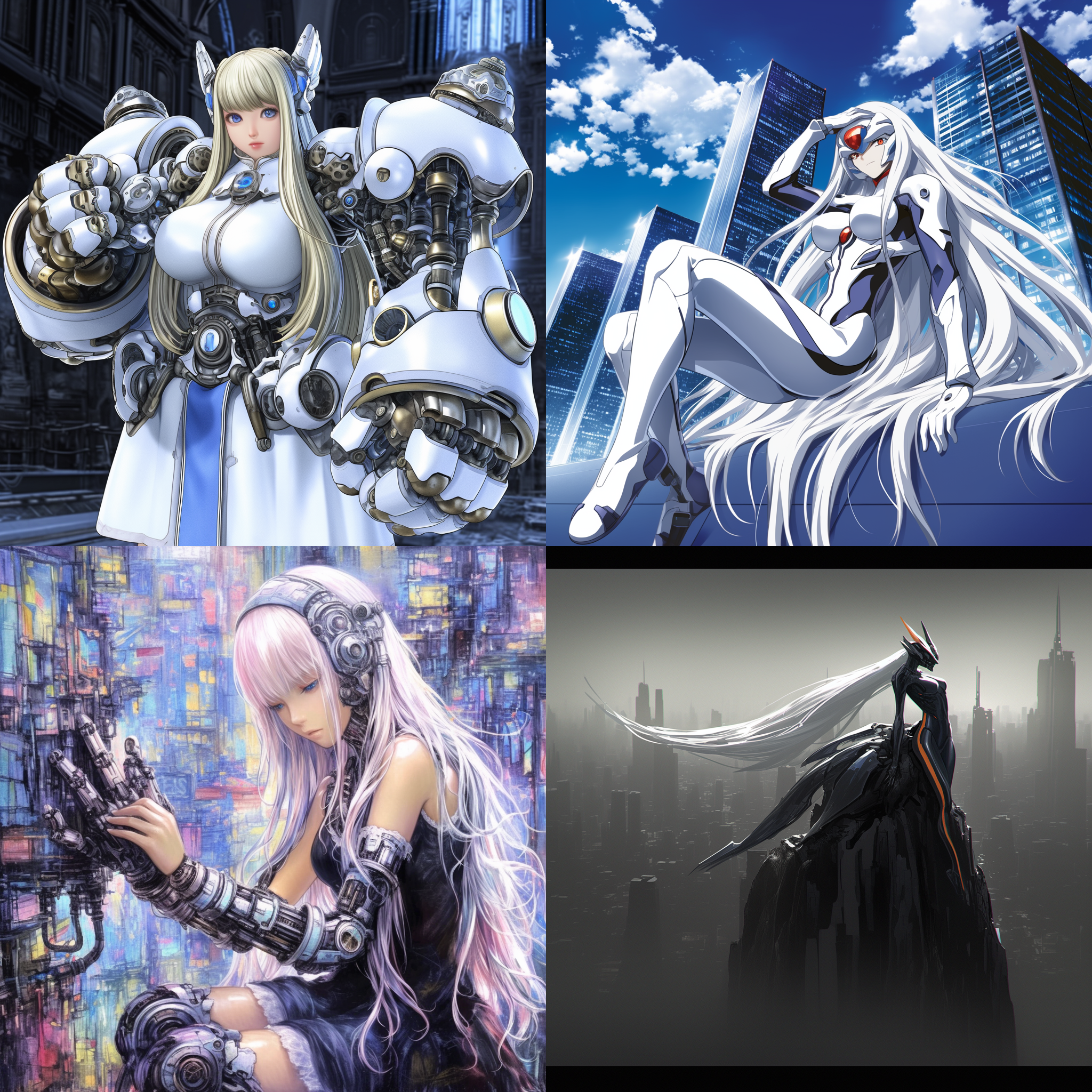 机甲少女，曲线优美，身材火辣，机械外骨骼，赛博朋克风格，高科技背景，机械骨骼，大腿线条流畅，机械躯体，无袖，动态姿势，金属质感，霓虹灯效，未来城市，广角镜头，高光阴影，冷色调，科技感，力量感。