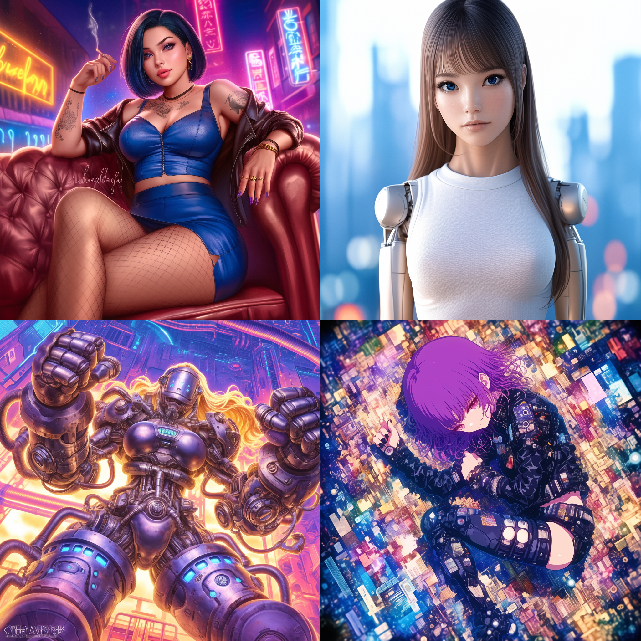 机甲少女，曲线优美，身材火辣，机械外骨骼，赛博朋克风格，高科技背景，机械骨骼，大腿线条流畅，机械躯体，无袖，动态姿势，金属质感，霓虹灯效，未来城市，广角镜头，高光阴影，冷色调，科技感，力量感。