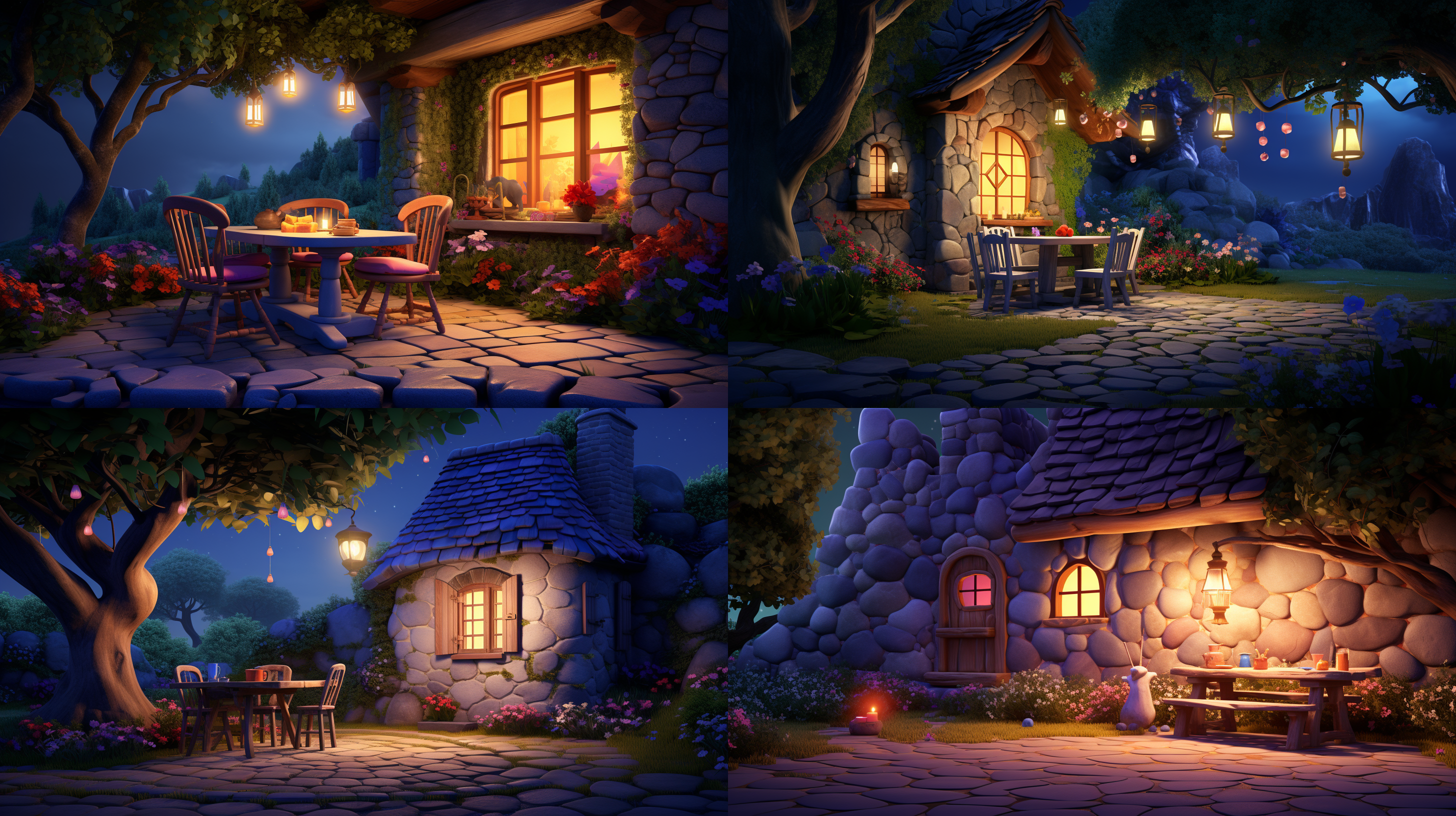 石屋夜景，柔和灯光，和谐宁静，蚁后坐桌边，微笑温柔，皮克斯动画风格，超写实渲染，高角度拍摄，明亮色彩，迪士尼3d卡通风格，直射阳光，广角镜头，动态捕捉，明亮色彩。