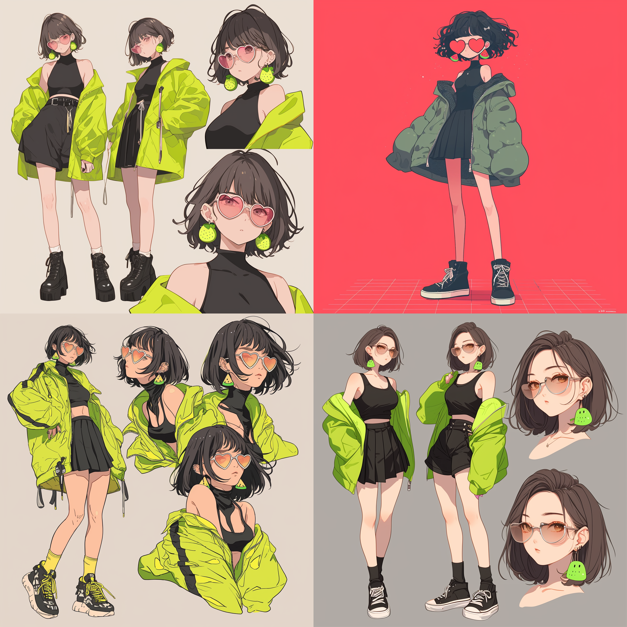齐肩短发， 可爱俏皮的表情，头戴心形太阳镜， 佩戴卡通西瓜耳坠 ，身穿黑色紧身吊带背心 ， 抹茶绿的外套酷酷的穿在身上 ， 下装穿黑色百褶裙 ，高挑修长的身材，凹凸有致， 穿黑色高帮皮鞋，皮鞋是白色的绳子绑了一个蝴蝶结。 超高清 ，超细节， 酷酷的亚洲女孩，宫崎骏现代风。