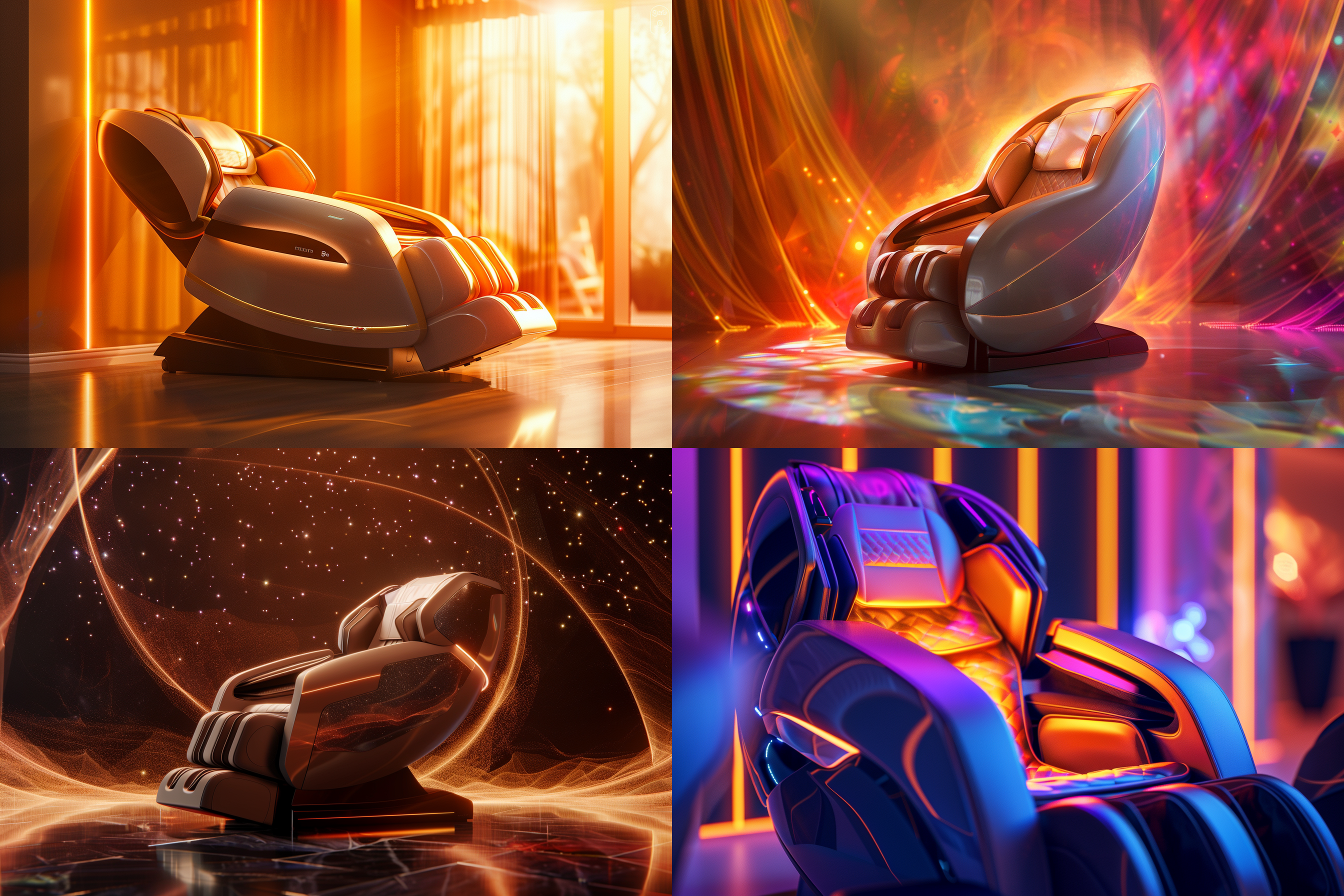 massage chair plasma light surround, double 11 promotion, science and technology sense of scene, 3d rendering, staggered light and shadow, center composition, warm and cold tone contrast, wide angle lens, soft side light, dynamic blur, future sense, comfortable and relaxed.