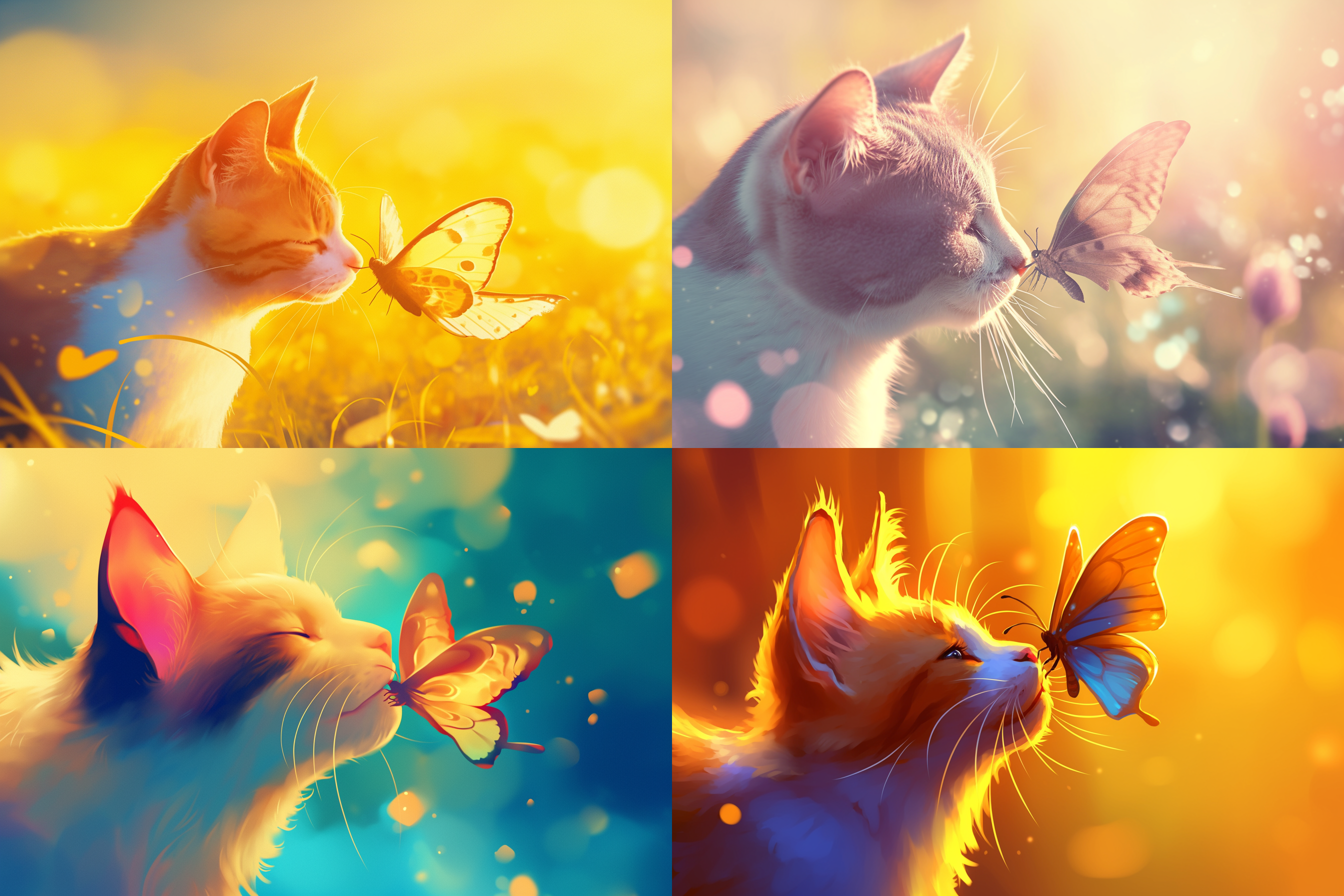 猫亲吻蝴蝶，逼真细节，4k画质，丰富色彩，宽广视野，高分辨率，自然光线，蝴蝶动态飞翔，梦幻场景，柔和色调，超现实，微距镜头，清晨，宁静，和谐。