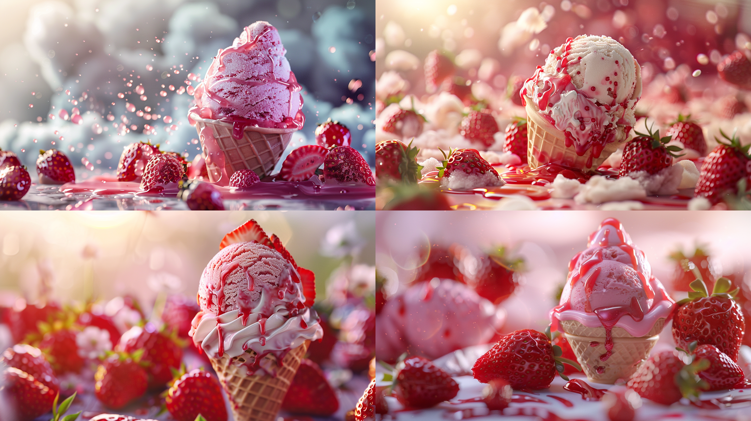 奶油冰激凌，草莓酱包裹，巨峰冰激凌，垂涎欲滴，自然光线，中心构图，散落的小草莓，丰富色彩，逼真细节，独特风格，模糊背景，高清分辨率，3d渲染，流畅线条，甜品，夏日，食欲，温暖色调，细腻纹理，柔和光影，诱人外观。