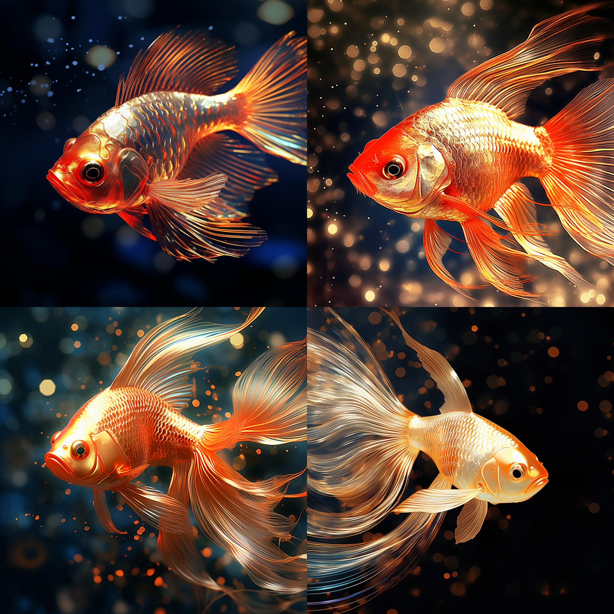 半透明鹤顶红金鱼，金光闪闪，细致线条构成，发光点缀，数字化外观，逼真外观，抽象光线拉丝网络，高亮度，数码风格，光影效果，蓝色调，神秘感金色白菜，对角线布局，微距摄影，细节清晰，金色光影，高饱和度，光斑效果，静态，华丽。