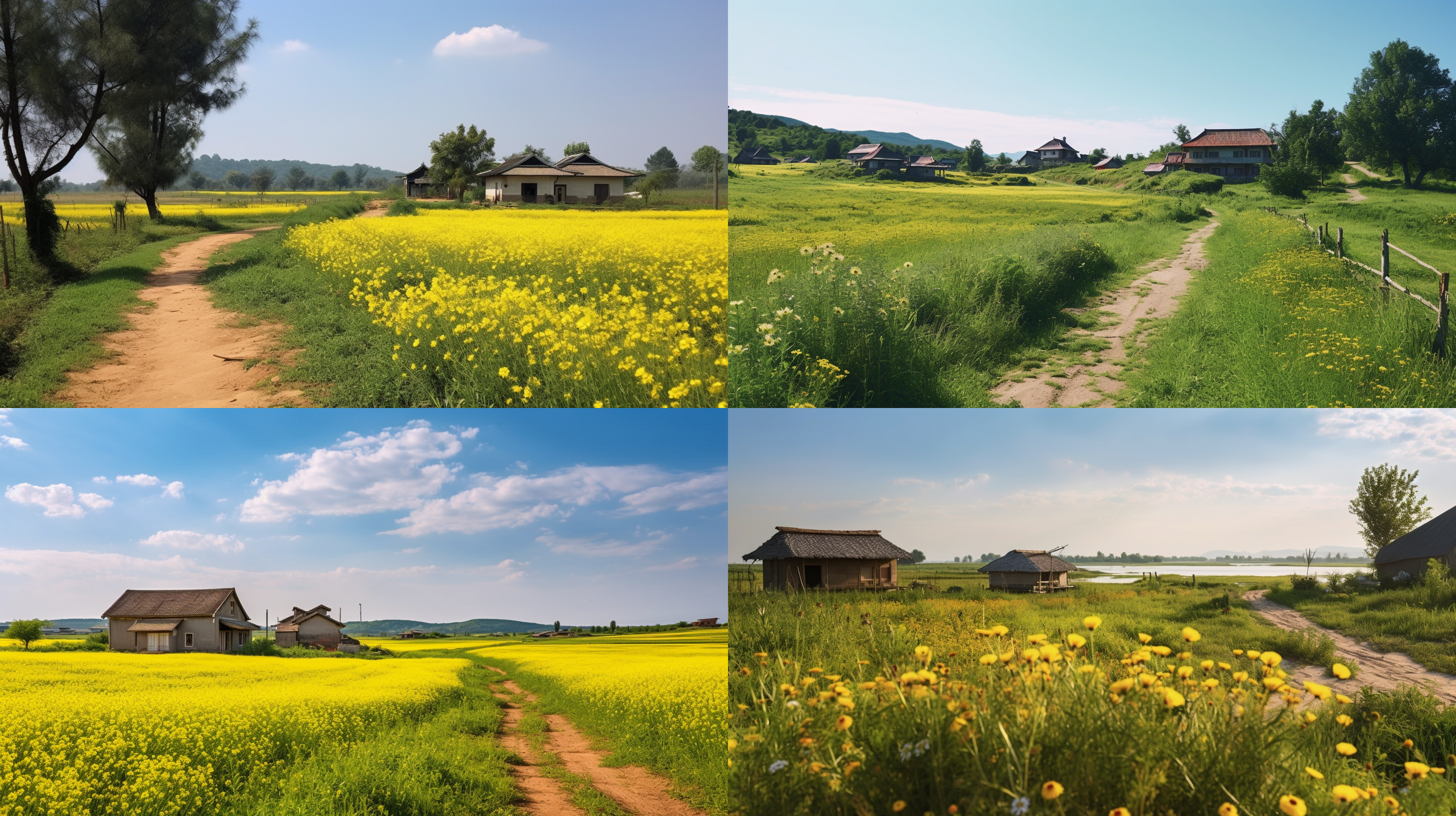 乡间田野，农村土房子，门前视角，自然风光，广角镜头，柔和光线，春意盎然，黄色花海，宁静村庄，温馨氛围，远景，绿色植被，蓝天白云，平静水面，木质门框，温暖色调，自然光，宁静安详，生机勃勃。