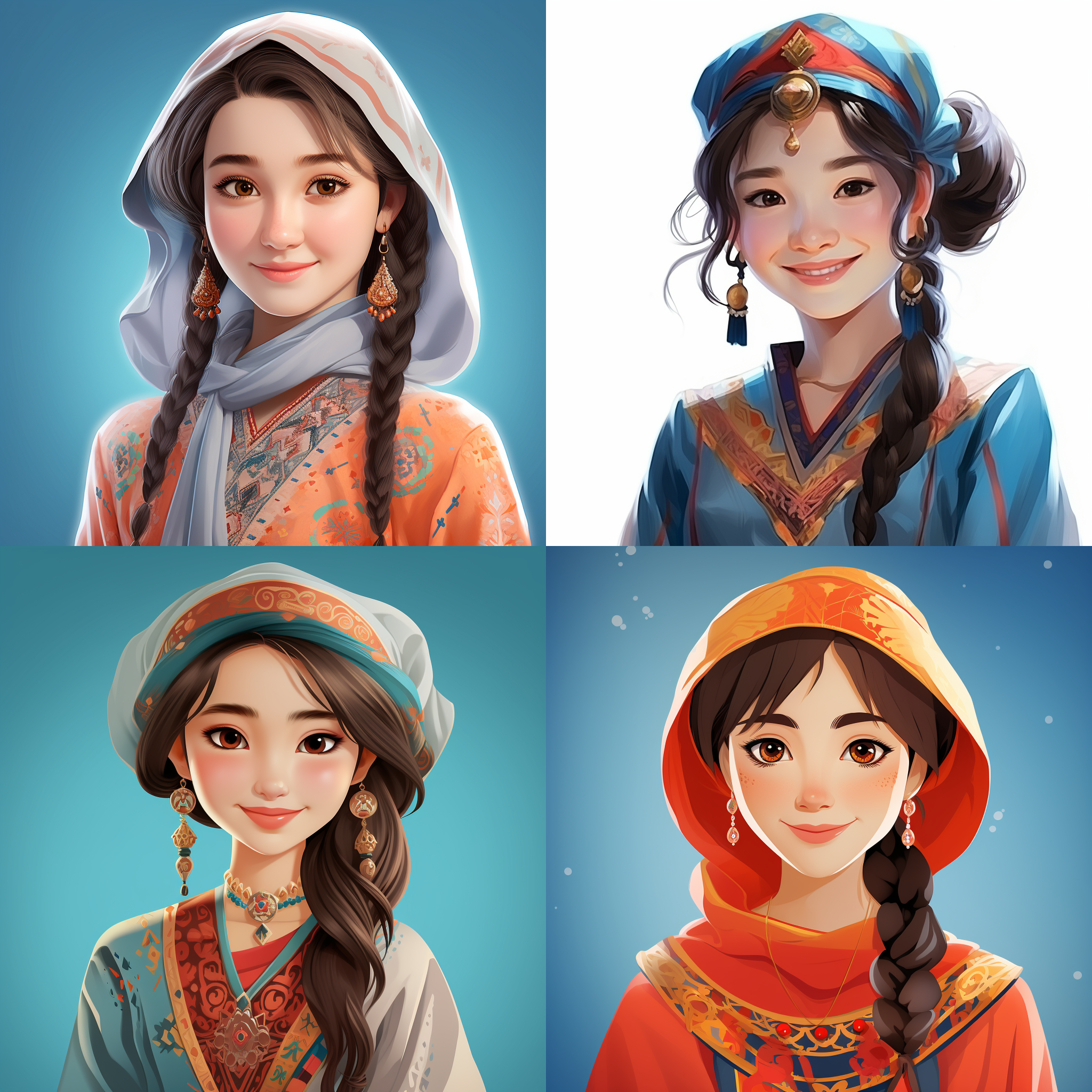 一个漫画造型的维吾尔族风情女孩 民族衣服 面部表情柔美喜庆 纯净背景