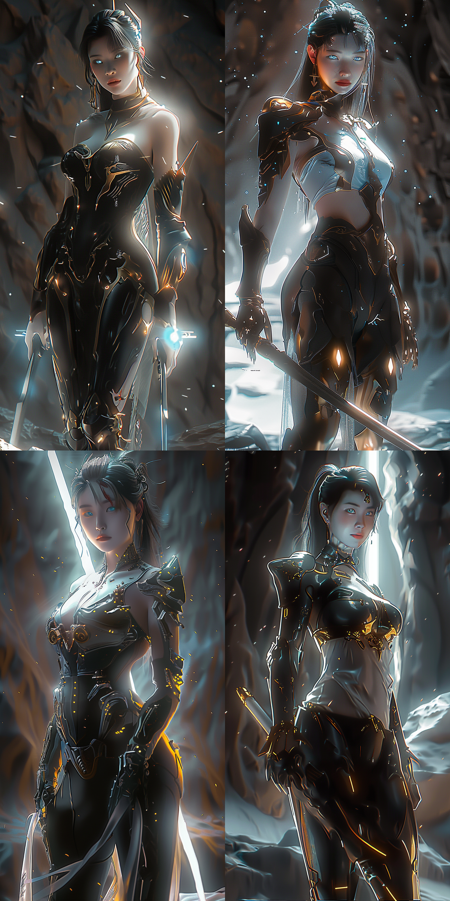 机甲战士，皮肤钢铁融合，蓝色眼睛，全身像，幽暗森林，头顶亮光，手持长剑，脚踩机械，暗色调，金属质感，高对比度，广角镜头，侧光，动态姿势，紧张氛围，科幻风格。 冰川 城堡内部 低角度 黑金 星空 旗袍 异色瞳