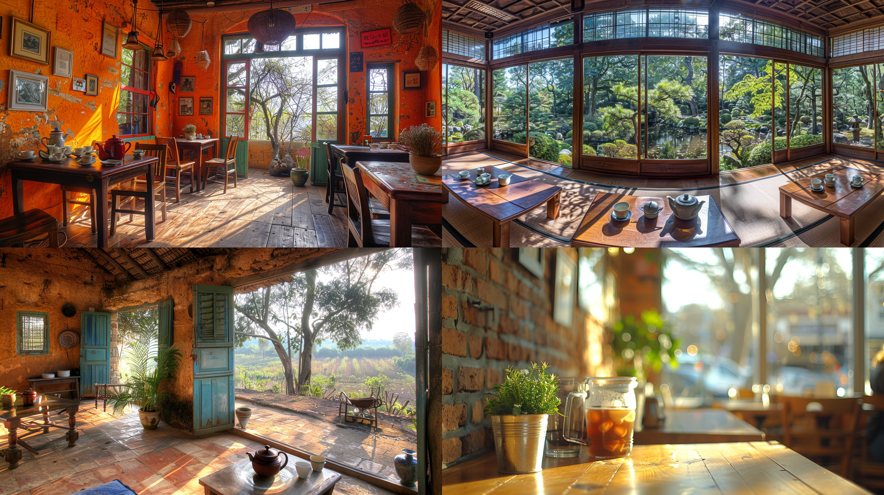 老式茶艺空间，土墙旧桌椅，绿植窗户，阳光洒入，茶壶水杯，室内全景，复古风格，自然光线，广角镜头，柔和色调，宁静氛围，传统韵味。