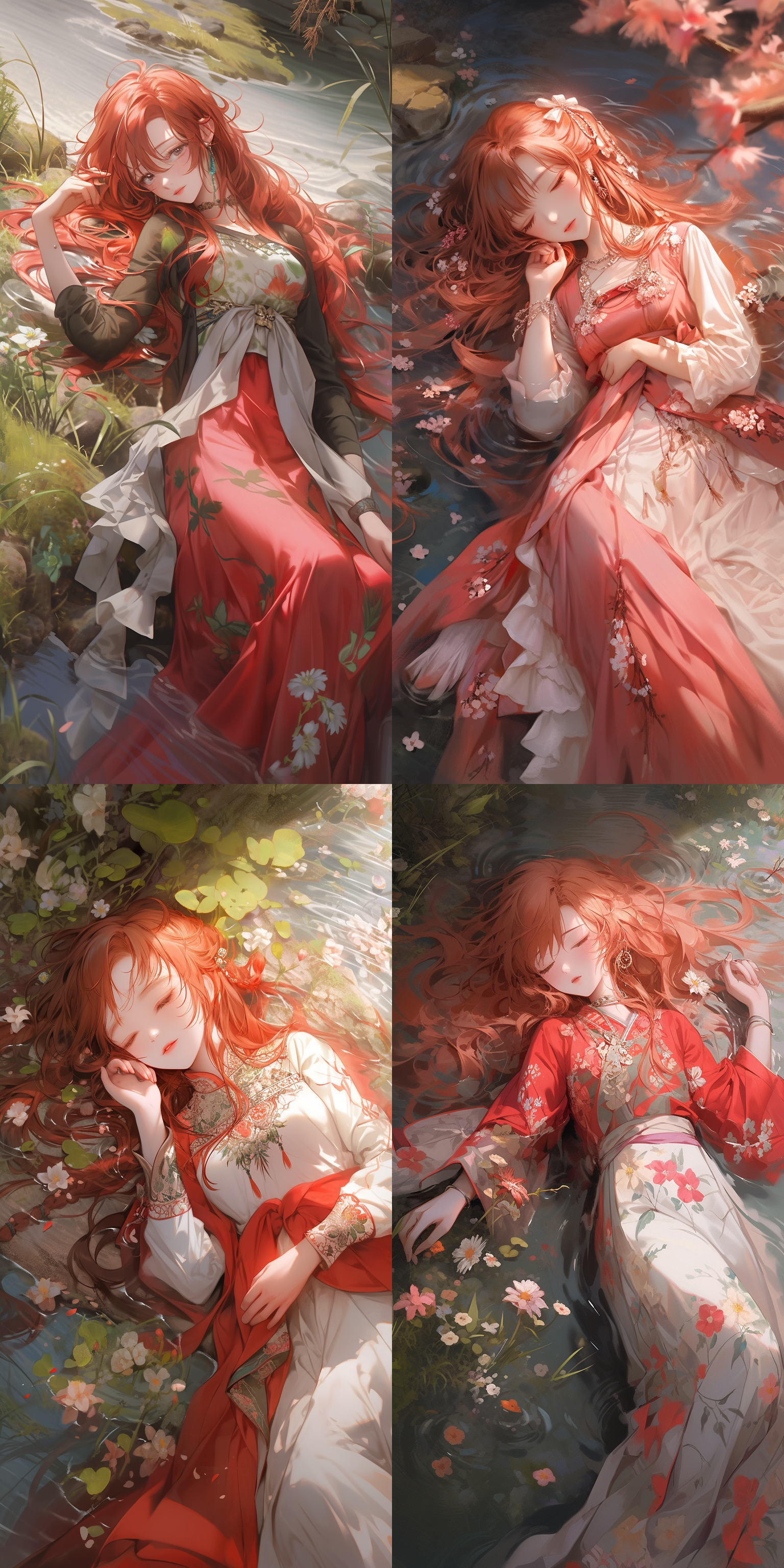 一个女孩，中国风，古风，红色长发，流仙裙，绝美容貌，精致五官，正面看我，柔光，花海溪边，躺在地上，俯视镜头
