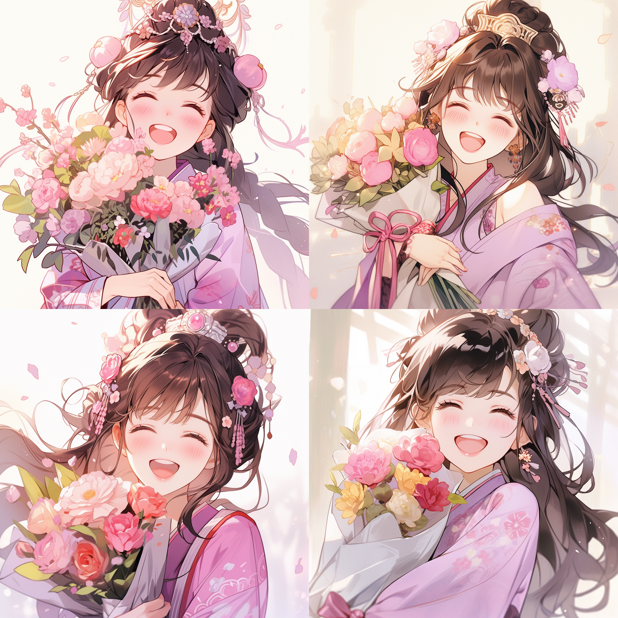 一个超级漂亮的少女，棕色头发披肩，公主头，头发上有个粉色发带，有刘海，穿着淡紫色汉服，手拿一束鲜花，小鼻子，肉嘟嘟的小嘴巴，笑的很开心，温柔气质，最佳画质，最高分辨率