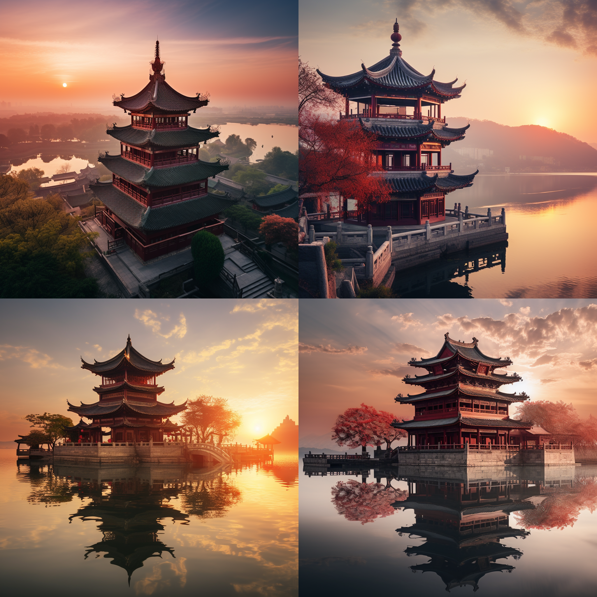 黄鹤楼，古风建筑，细节丰富，长江背景，夕阳映照，金碧辉煌，广角镜头，逆光，柔和光线，宁静，历史感。