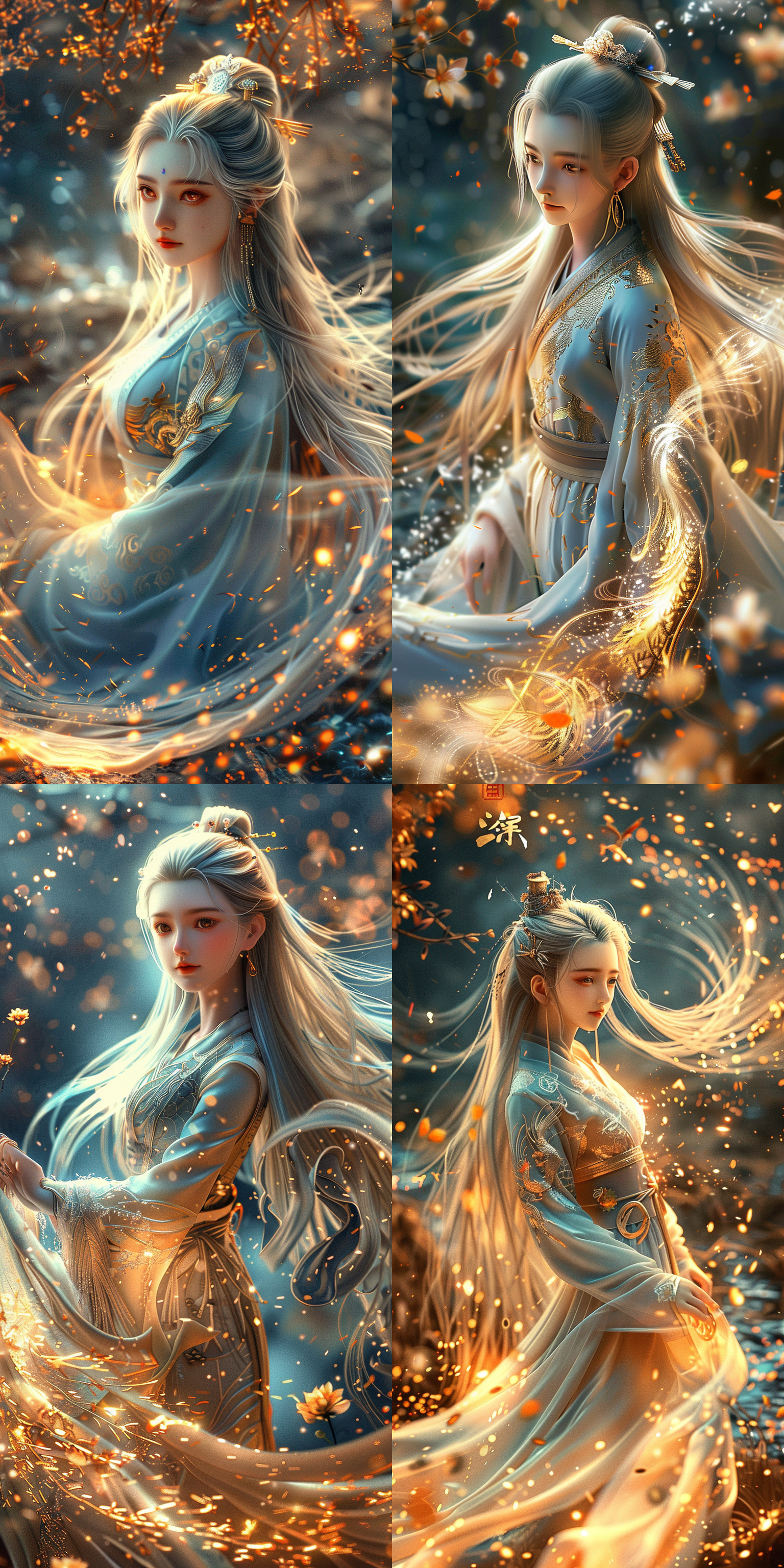 一个女孩，中国风，古风，白色长发，流仙古风长裙，绝美容貌，精致五官，白晰皮肤，正面看我，柔光，花海水边，趴在地上睁眼看我，俯视镜头