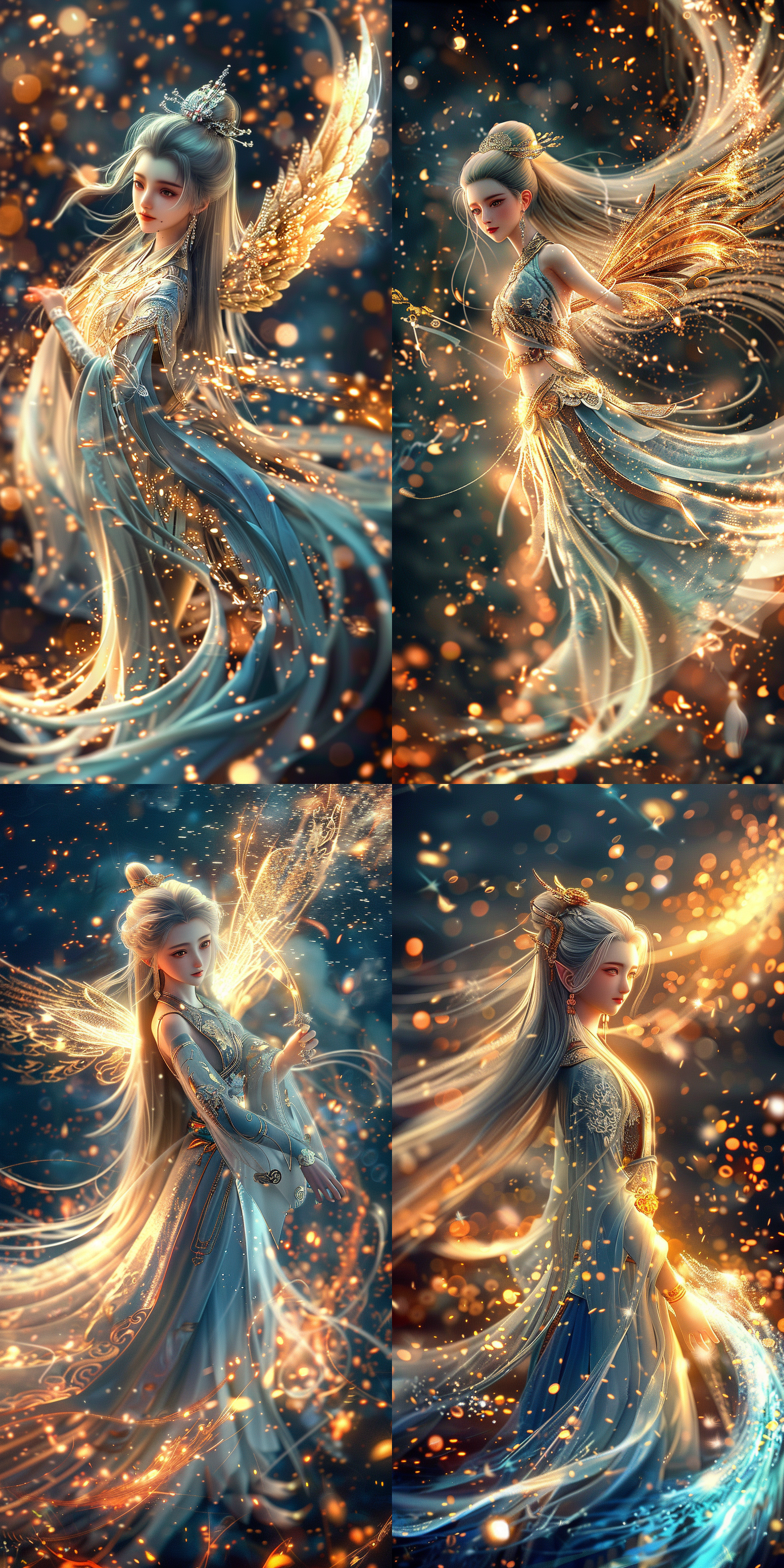 一个女孩，中国风，古风，白色长发，流仙古风长裙，绝美容貌，精致五官，白晰皮肤，柔光，拿着长剑，御剑飞行，玄幻世界