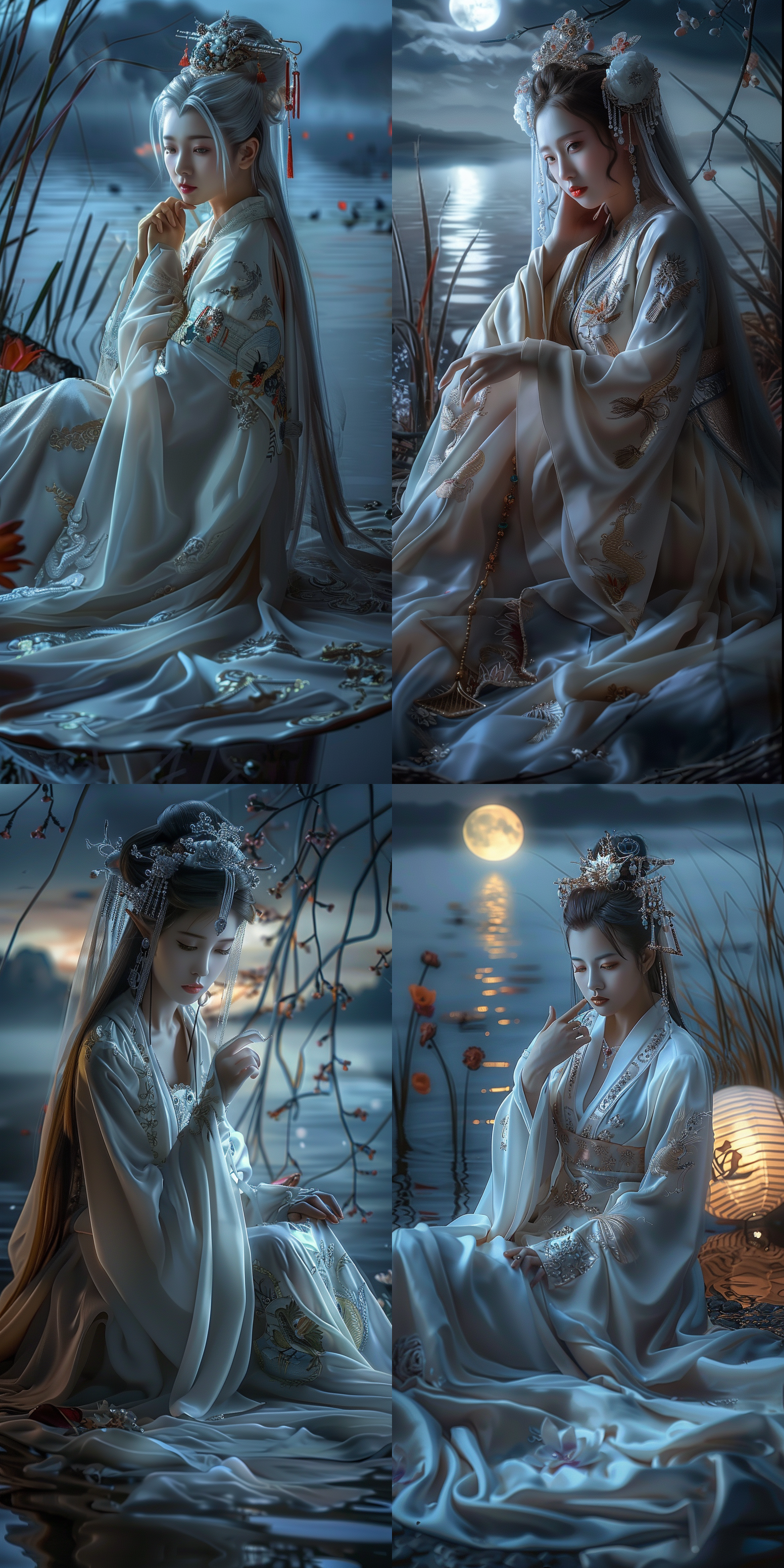 一个女孩，中国风，古风，白色长发，流仙古风长裙，绝美容貌，精致五官，白晰皮肤，正面看我，柔光，花海水边，躺在地上睁眼看我，俯视镜头