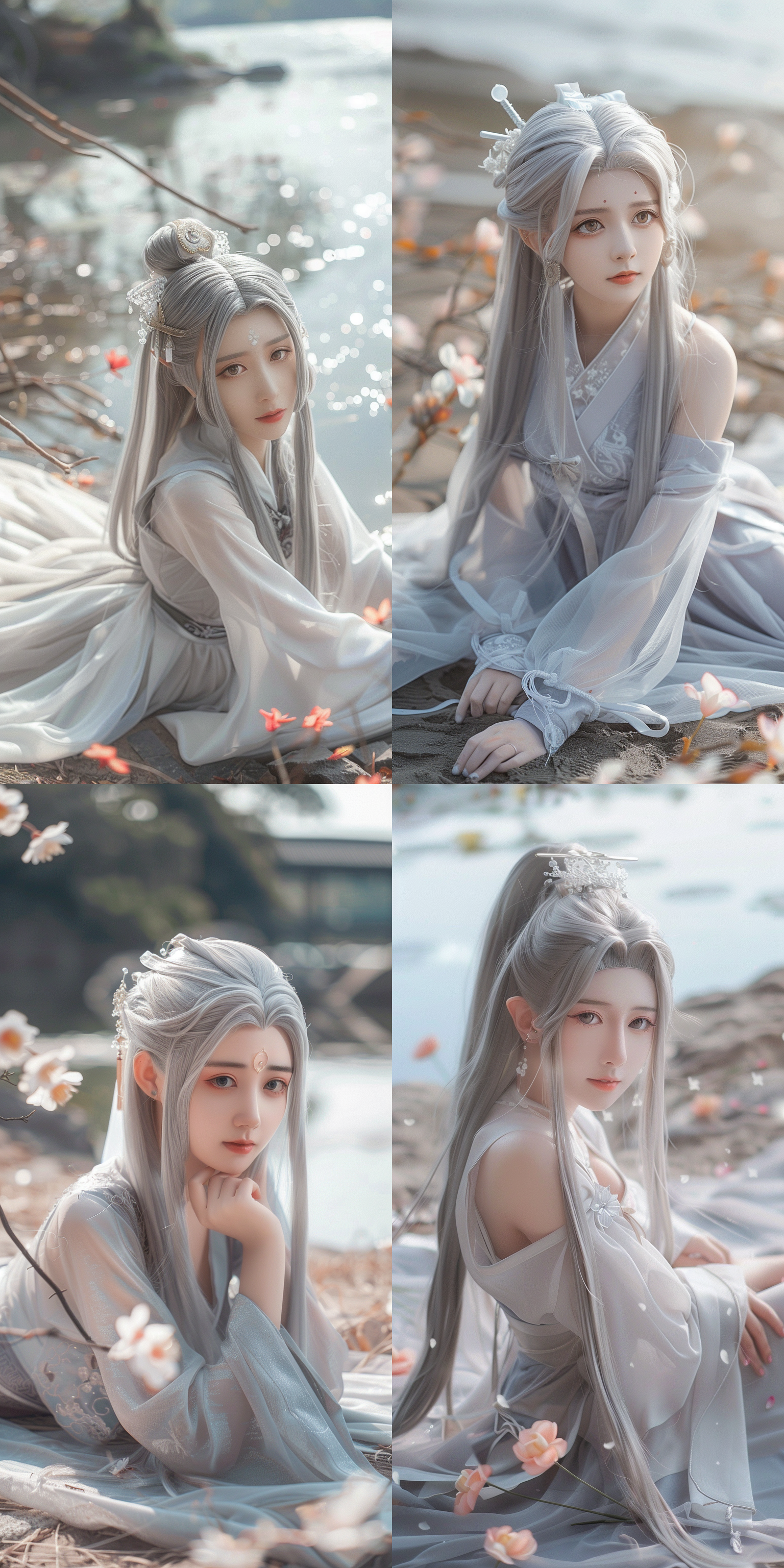 一个女孩，中国风，古风，白色长发，流仙古风长裙，绝美容貌，精致五官，白晰皮肤，正面看我，柔光，花海水边，躺在地上睁眼看我，俯视镜头