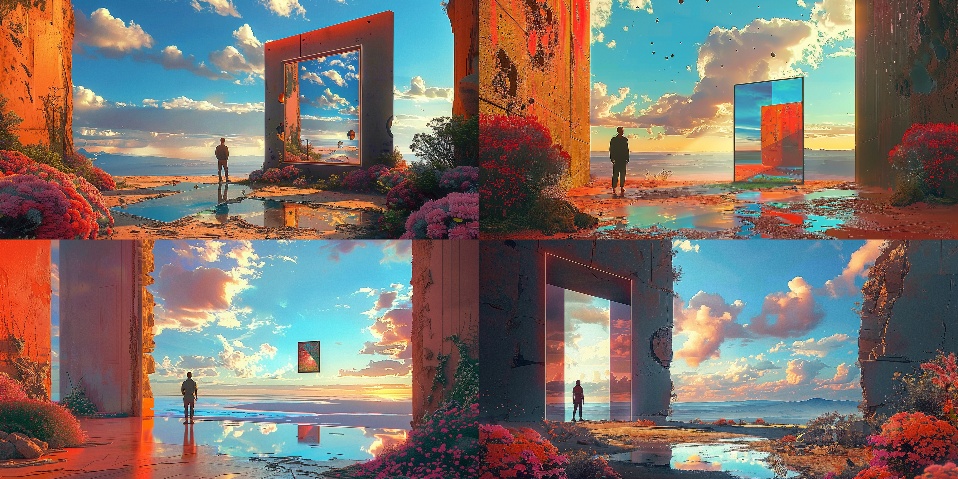 1man，who is angus mckie，standing in the outdoor large-scale installations; sculptural art; masterpieces; surrealism; neon retro; zen design; electronic psychedelic retro style; an open doorframe; doorframe art in the desert; a huge art frame; ocean; mirror; flowers; botanical aquascape; cinematic level rendering; ultra hd 8k; cinematic，a space with artwork frames and several small art sculptures, in the style of transparent/translucent medium, li wei, dreamlike art museum.