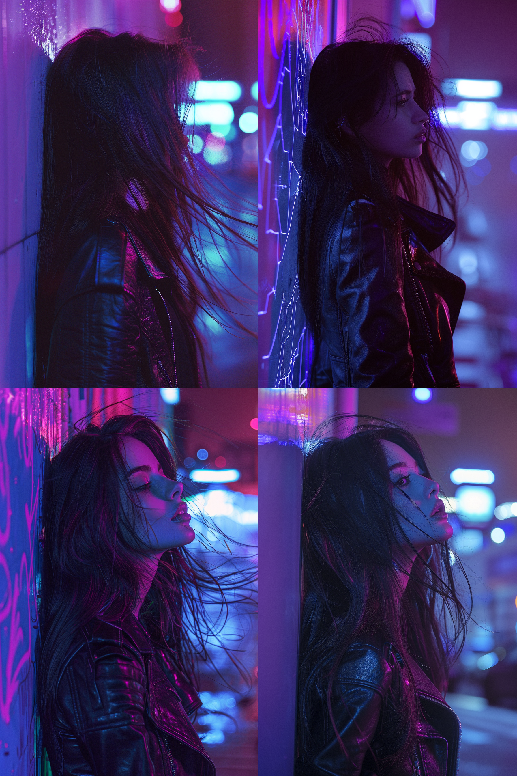赛博少女，夜晚，城市道路，赛博朋克风格，霓虹灯光，未来主义，长发披肩，黑色皮衣，侧面视角，蓝紫色调，模糊背景，迷失，孤独。