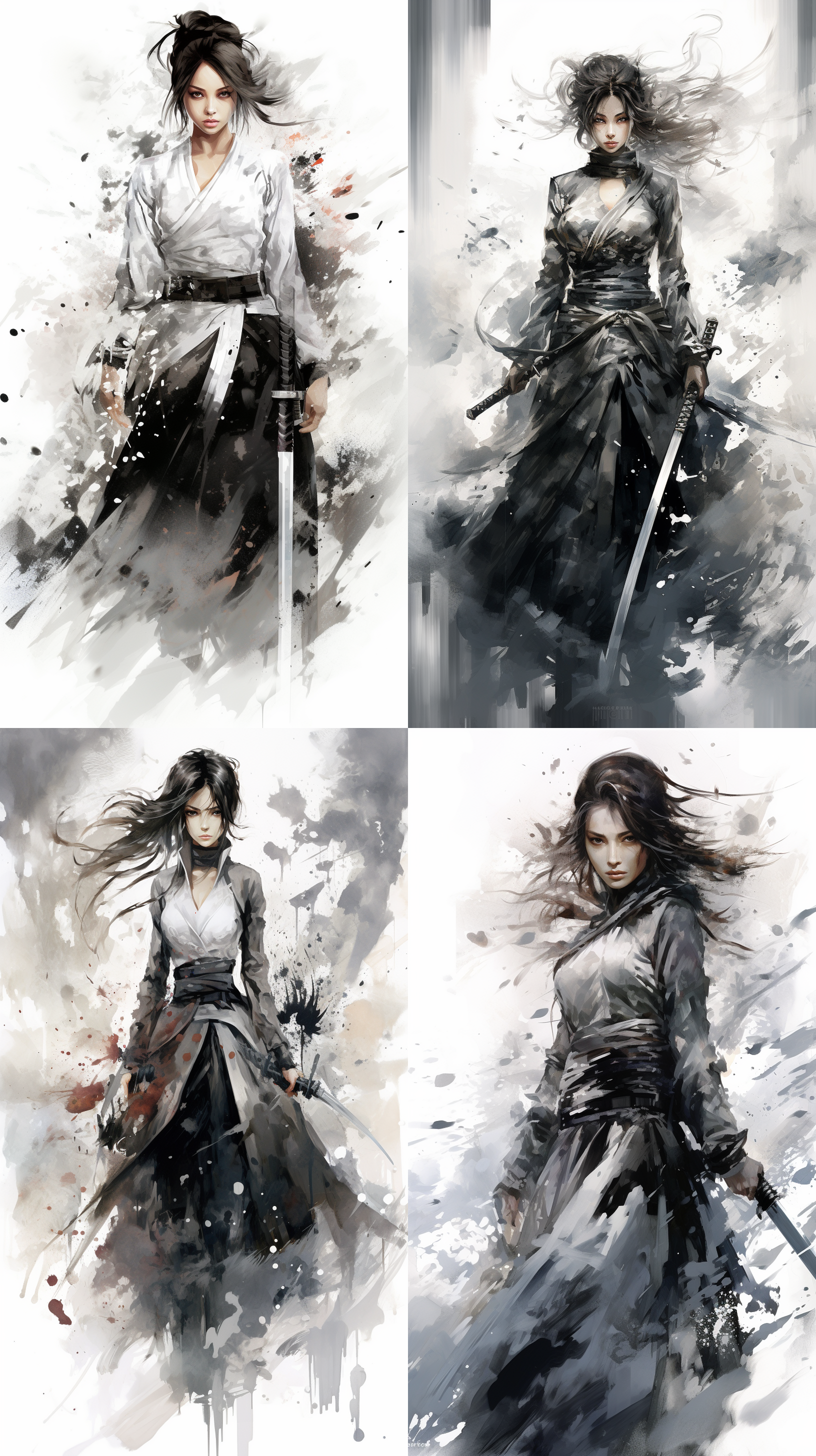 a digital art piece in traditional chinese ink wash style, featuring a female swordsman in ancient attire, striking a dynamic pose with a sword. monochrome color scheme with shades of black, white, and gray, abstract background with ink splashes and traditional chinese patterns, elegant and powerful, high resolution, natural look