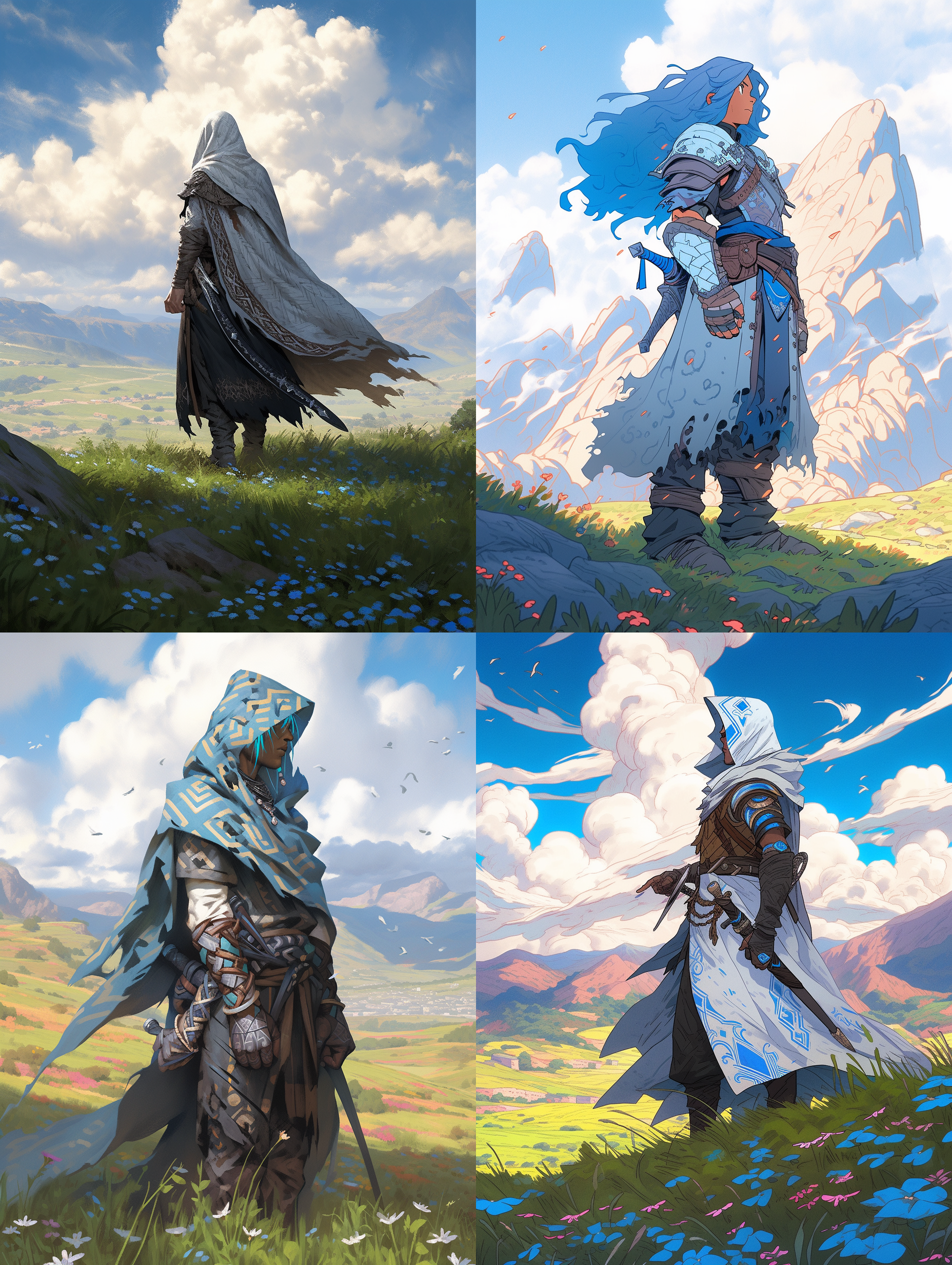 六边形战士站在原野，远眺山脉，蓝天白云映衬，微风吹动衣袂，朋克战袍，高画质，细节精致，风格。广角镜头，明亮色调，逆光，英勇神情，震撼情绪。