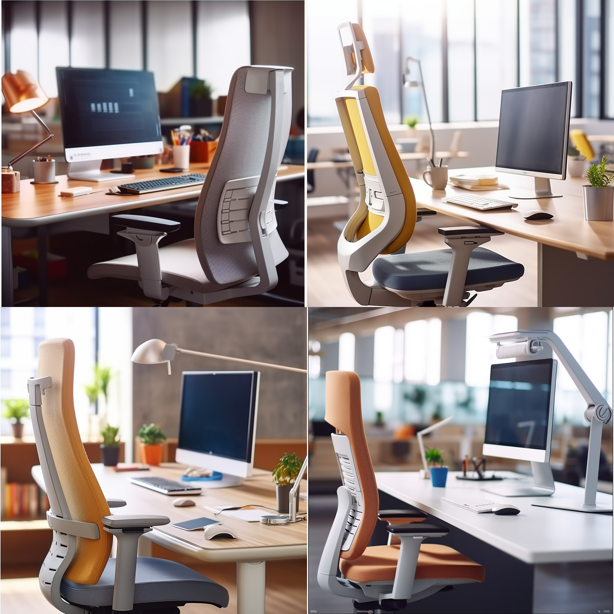 办公室场景，办公桌，显示器支撑臂，色调明亮，现代设计，细节清晰，室内光源，俯视镜头，工作中，温暖色调，专注。 俯视办公桌，明亮室内光，现代设计，专注工作，温暖色调，办公桌上显示器支撑臂，清晰细节，专注。