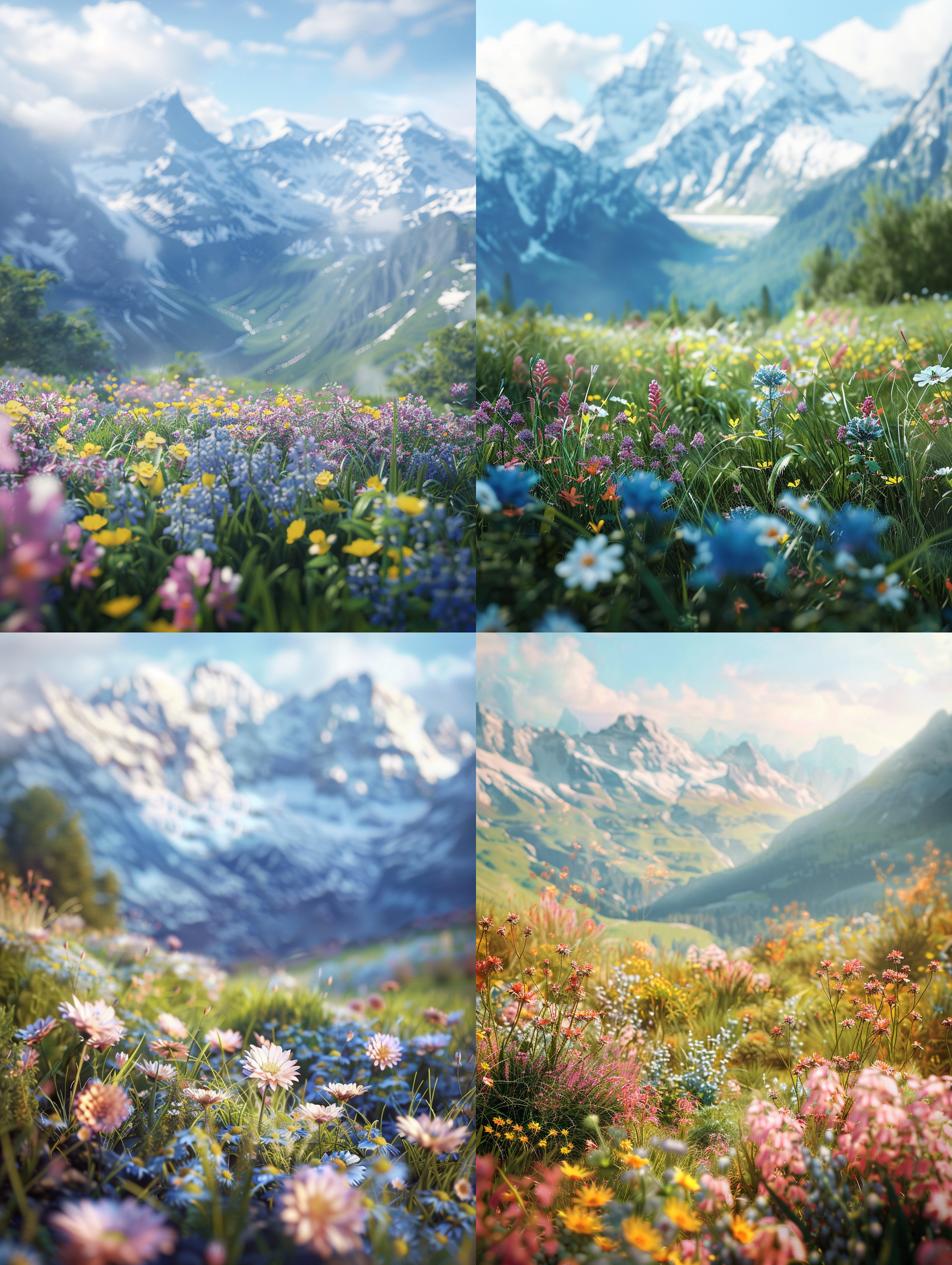 海报设计，时光展示台，大草坪，远处是山，近景是虚化的小花，热烈庆祝，自然光，3d细节渲染，质感高