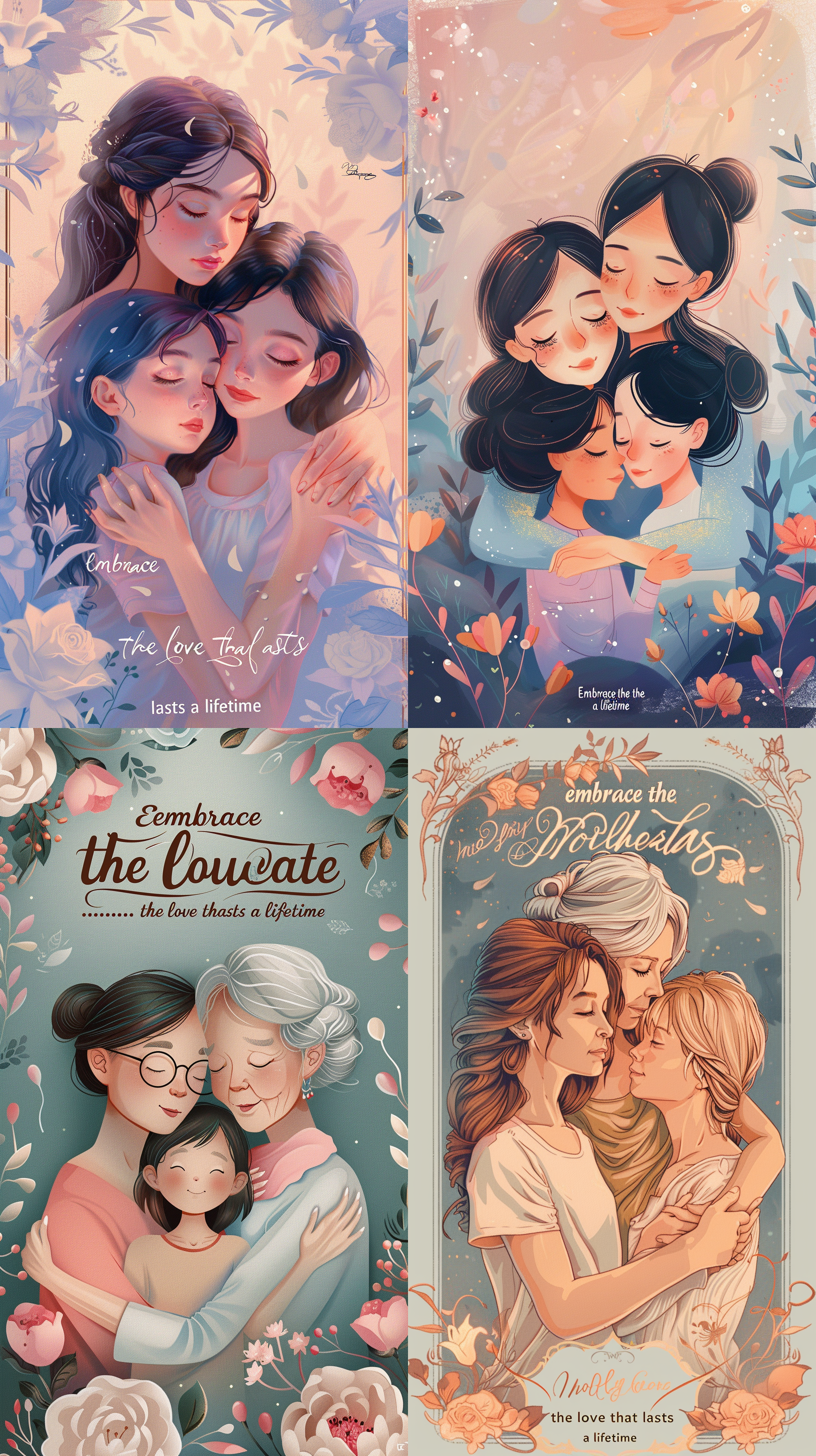 background: a soft, pastel gradient fills the canvas, with hues of pink, lavender, and soft blue that evoke a sense of warmth and serenity. the gradient subtly transitions from a warm sunset glow at the top to a cooler, comforting twilight at the bottom, symbolizing the passage of time and the enduring presence of a mother's love. central image: at the heart of the poster, a stylized, multi-generational embrace is depicted. a young mother, her daughter, and her mother are locked in a tender, three-way hug, their faces glowing with joy and love. the mother's eyes are closed, a gentle smile on her lips, while the daughter and grandmother share a loving glance, their eyes sparkling with shared affection. foreground elements: surrounding the central image are delicate, white floral motifs—roses and lilies intertwined with ivy, symbolizing the beauty and strength of motherhood. the flowers are subtly animated, with a few petals falling gently, adding a dynamic, yet peaceful touch to the scene. text: the phrase "embrace the love that lasts a lifetime" is scripted in elegant, flowing letters at the top of the poster. the letters are in a soft gold that complements the pastel background, with a subtle sheen to make them stand out without overpowering the image. signature: at the bottom right corner, the midjourney logo is subtly placed, with the ai artist's digital signature underneath, adding authenticity to the piece. finishing touches: a thin, golden border encircles the poster, adding a touch of elegance and framing the composition beautifully. the overall design is balanced, with the central image being the focal point, drawing the viewer into the heart of the celebration of motherhood. this description aims to inspire an ai to create a visually stunning and emotionally resonant mother's day poster that captures the essence of love, family, and the special bond between mothers and their children.