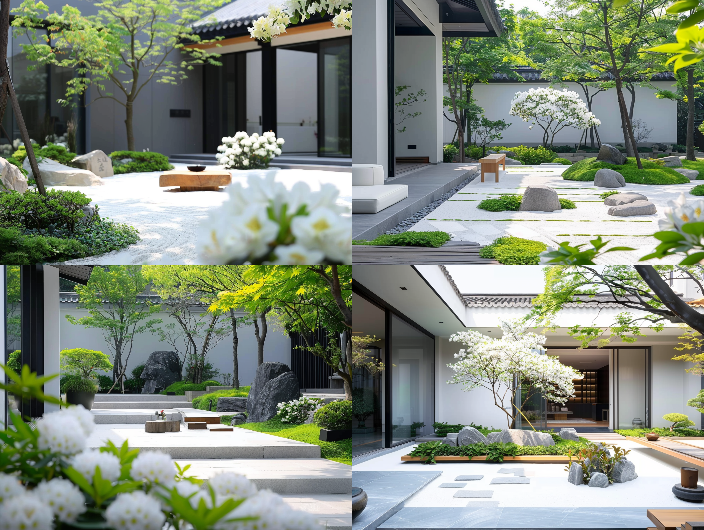 白色杜鹃花庭院,对称构图,自然环境,白沙铺地,石头点缀,明亮自然光,广角镜头,微距,静谧,清新,简约,纯粹。