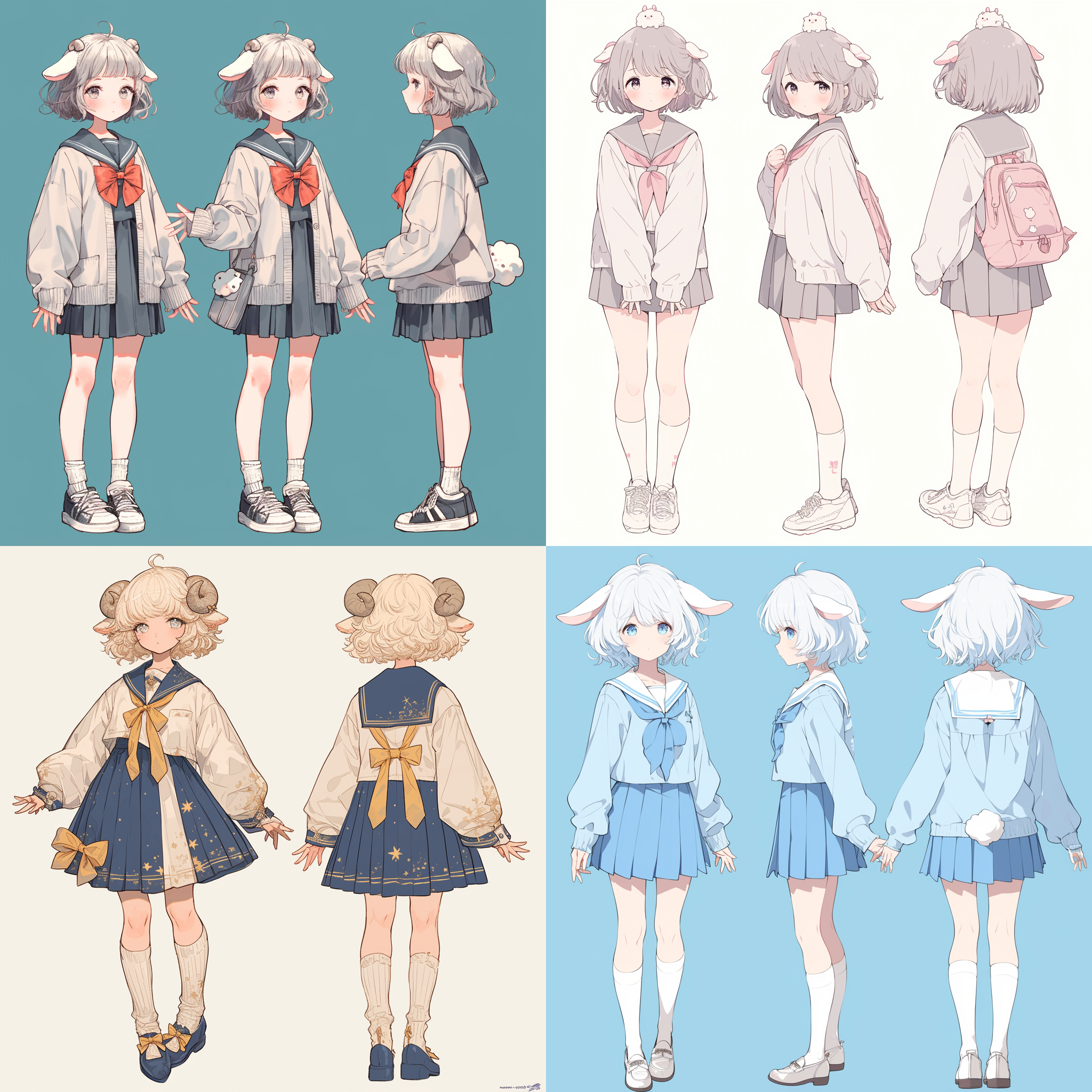日式二次元风格，羊拟人，女孩，水手服，小耳朵，简约服装，全身，正视，侧视，后视，三视图：1.3，整体，柔焦，超细节光泽，16:9宽屏，色彩丰富，双手，人像摄影, 服装设计,柔焦, 宽景深, 超细节, 清晰轮廓