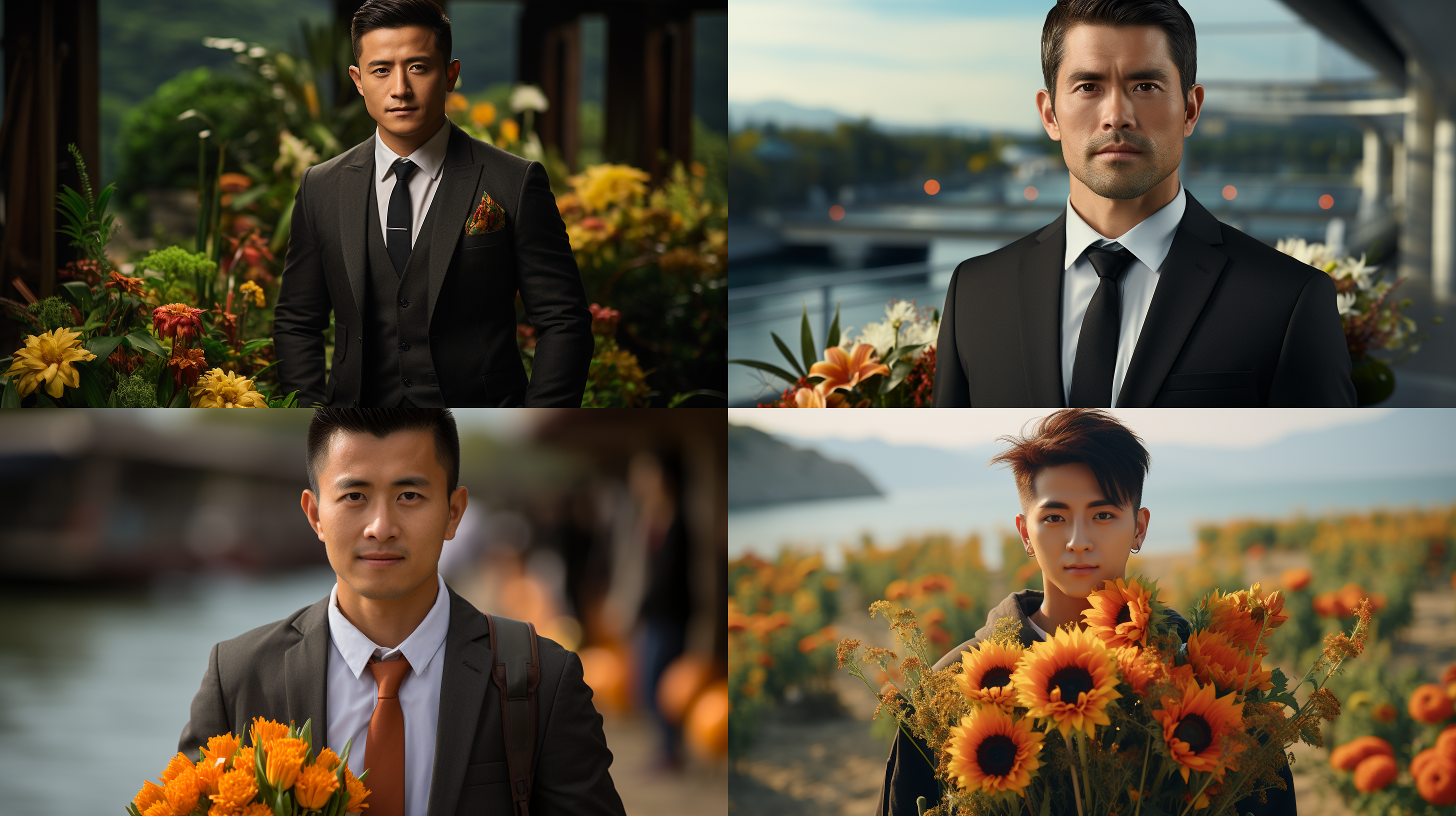 一位中国人25岁男人，穿着礼服，黑发，手拿鲜花，看着镜头，背景有大海