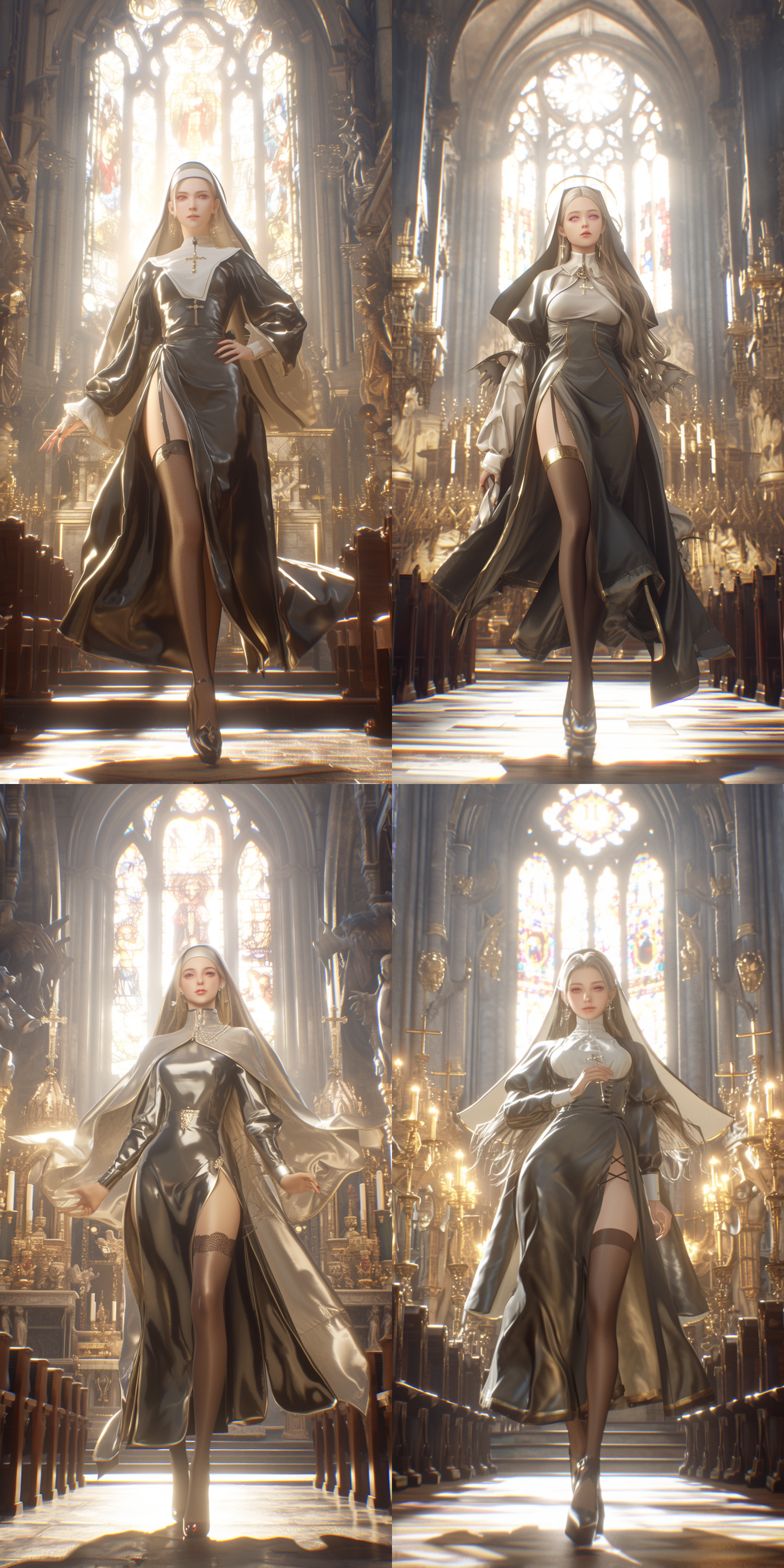 vampire，women，黑色修女服，魔鬼翅膀，羊角，粉色眼睛，浅金色头发，黑色丝袜，高跟鞋，哥特教堂内，奇幻，全身，真实比例，阴暗的色调，邪恶的气质，6k 虚幻引擎 三维 oc渲染器