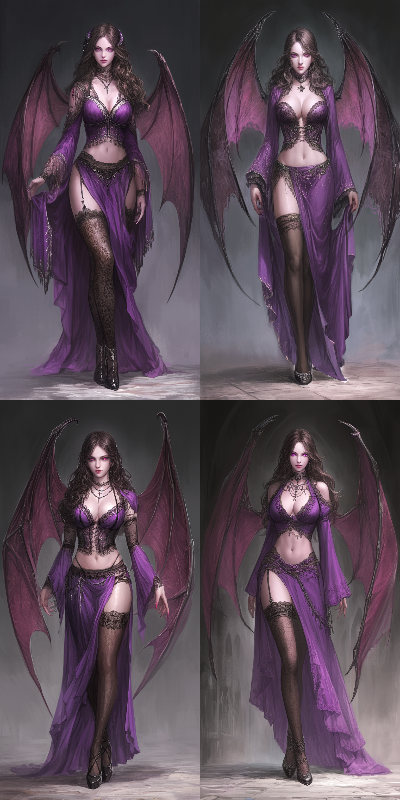 vampire，women，黑色修女服，魔鬼翅膀，羊角，粉色眼睛，浅金色头发，黑色丝袜，高跟鞋，哥特教堂内，奇幻，全身，真实比例，阴暗的色调，邪恶的气质，6k 虚幻引擎 三维 oc渲染器