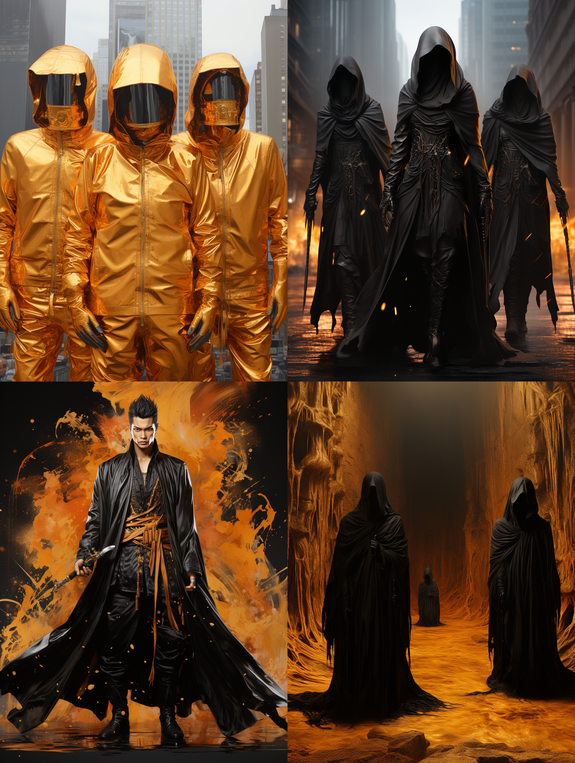 三体油画，城市景观，智子出现在街道上，油画效果突出强烈的笔触和色彩，广角镜头捕捉到建筑的壮丽，金黄色调增添神秘感，智子身穿黑色长袍，面部表情坚定，透露力量与智慧。