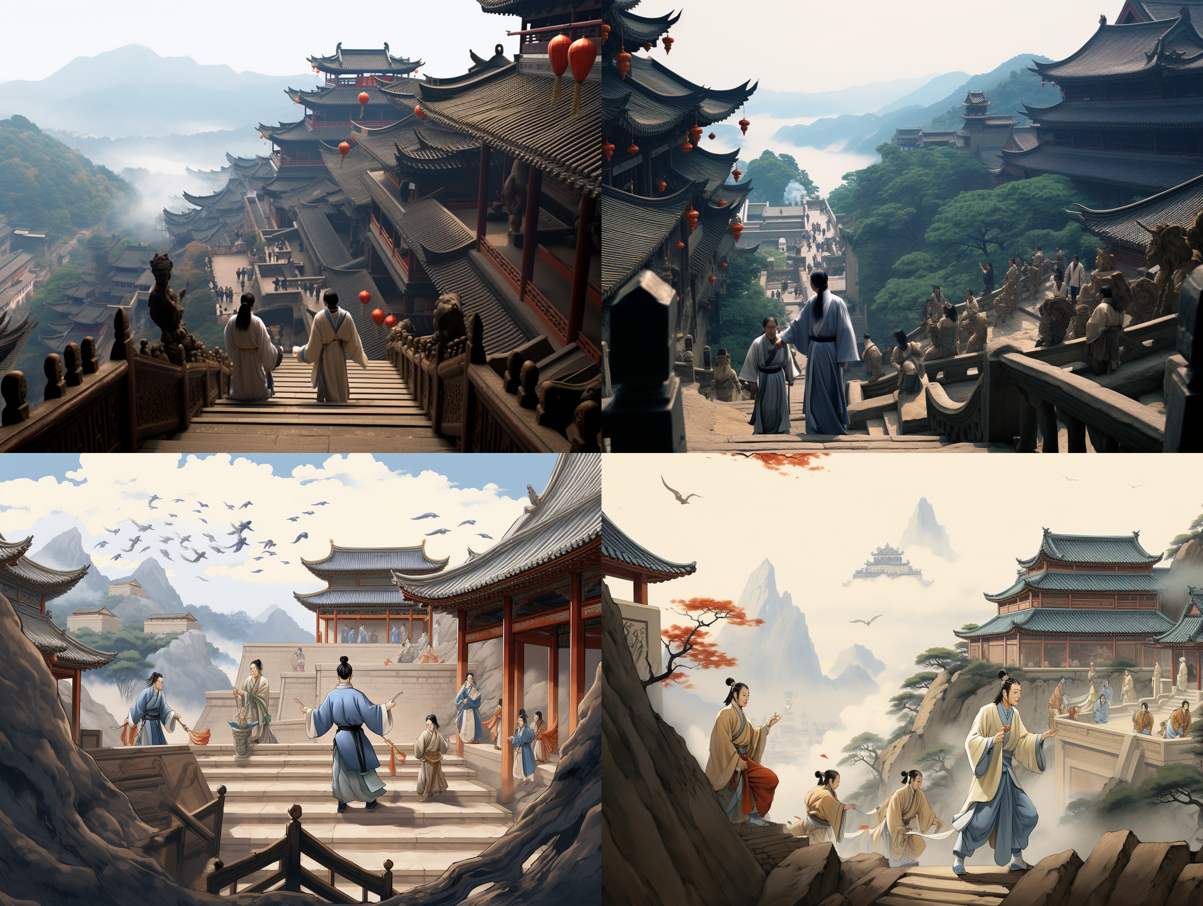中国风，青年从台阶上走下来，青色长袍，长袍随风飘动，手腕有护腕，叫上穿黑色靴子，弯腰，低头，长发，额头有头发散落，(背后很多层台阶通往山顶1.5)，山顶有中式楼宇，山门，岩石，茂密的树林，雾气，远景，修仙，魔幻风，真实感， 