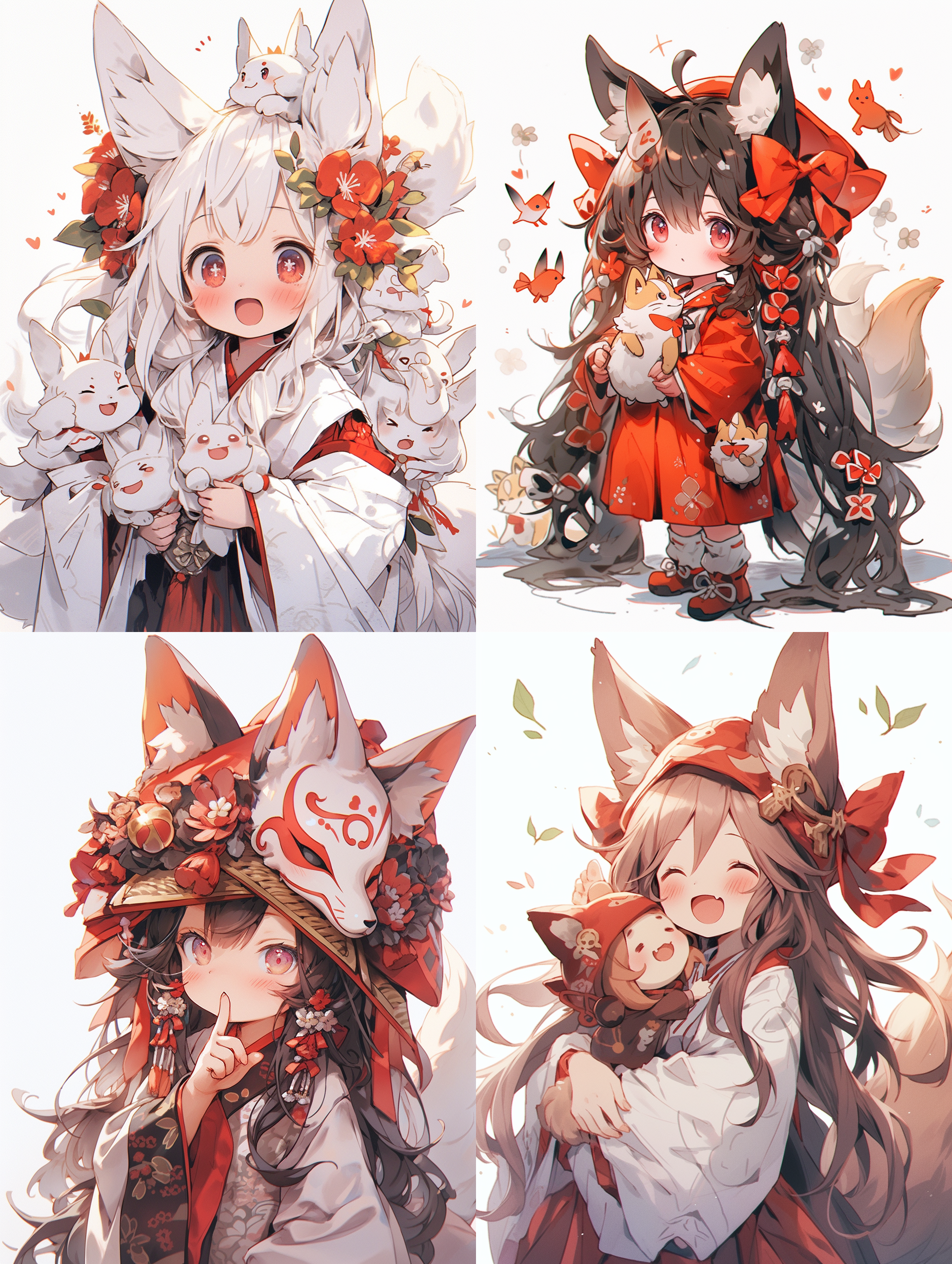 five years old，fox demon girl character illustration, fox demon, bent over, middle finger, cute girl, super invincible cute, exquisite earrings, exquisite headgear, wearing hanfu, red, meticulous painting, traditional chinese style, minimalism, classicism, smooth and smooth lines, simple white background, shiny, shiny, shiny and shiny, uhd, best image quality, best quality